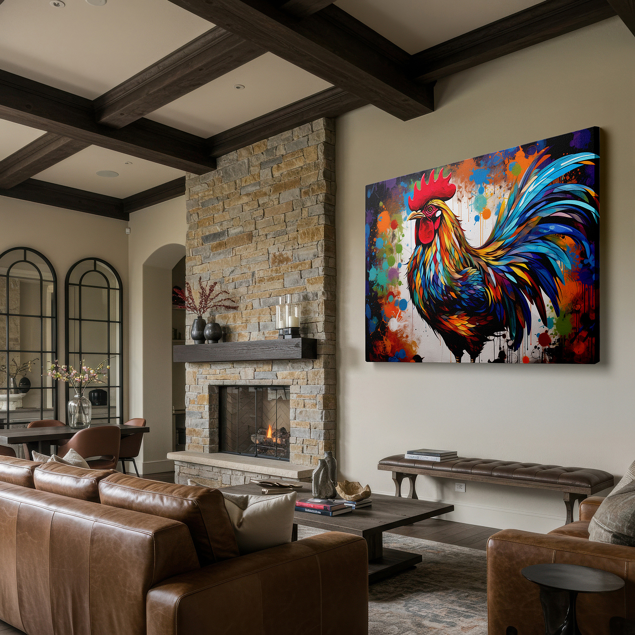 Framed by abstract decor and natural-toned accessories — vibrant rooster portrait representing new beginnings and dawn - large canvas wall art for office, bedroom, and living room decor