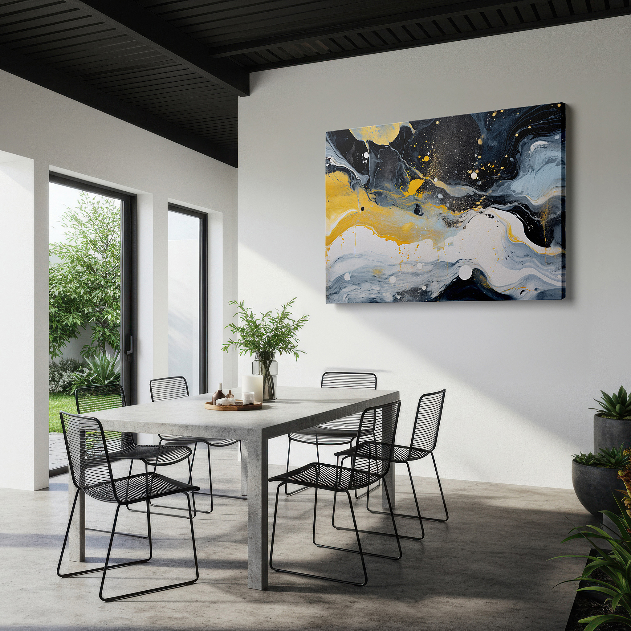 Framed by abstract decor and natural-toned accessories — vibrant swirls of black, yellow, and white intertwine in striking harmony - large canvas wall art for home and office decor