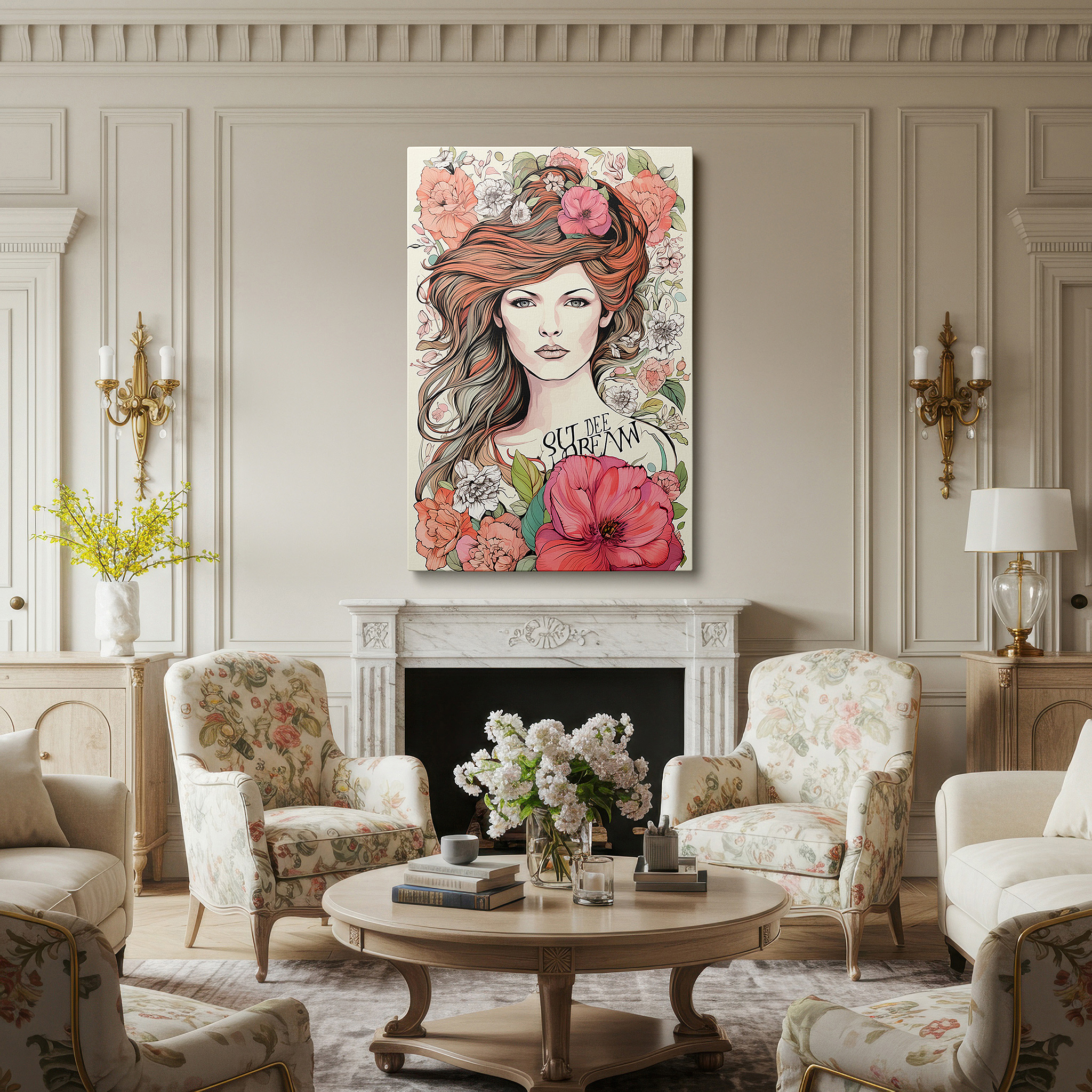 Framed by abstract decor and natural-toned accessories — wall art: commanding presence and serenity in a woman's look surrounded by bright floral arrangement - large canvas wall art for office and bedroom decor