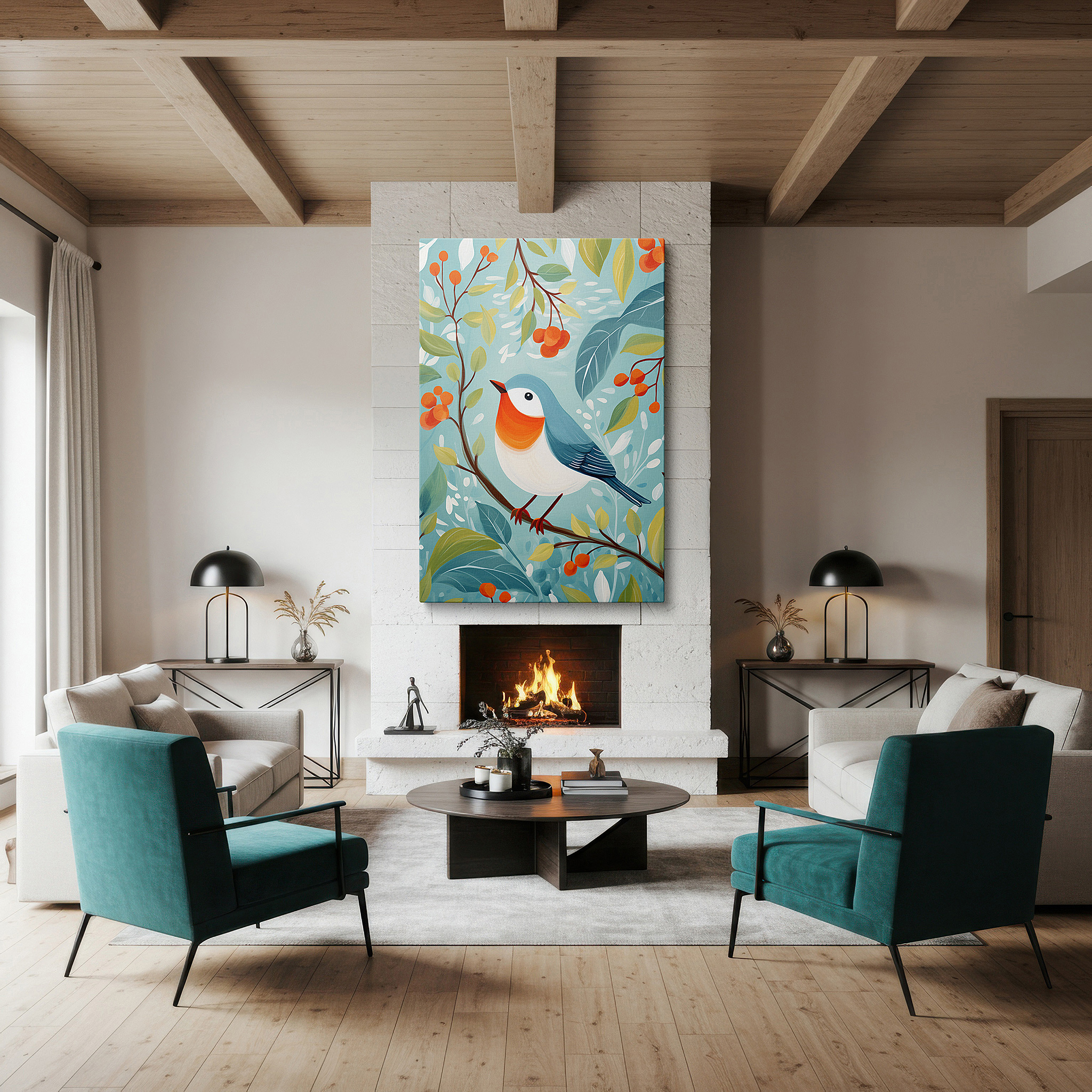 Framed by abstract decor and natural-toned accessories — wall art: lush foliage with vivid bird - a tranquil homage to nature's beauty. ideal for office, bedroom, and home decor, available as large canvas wall art.