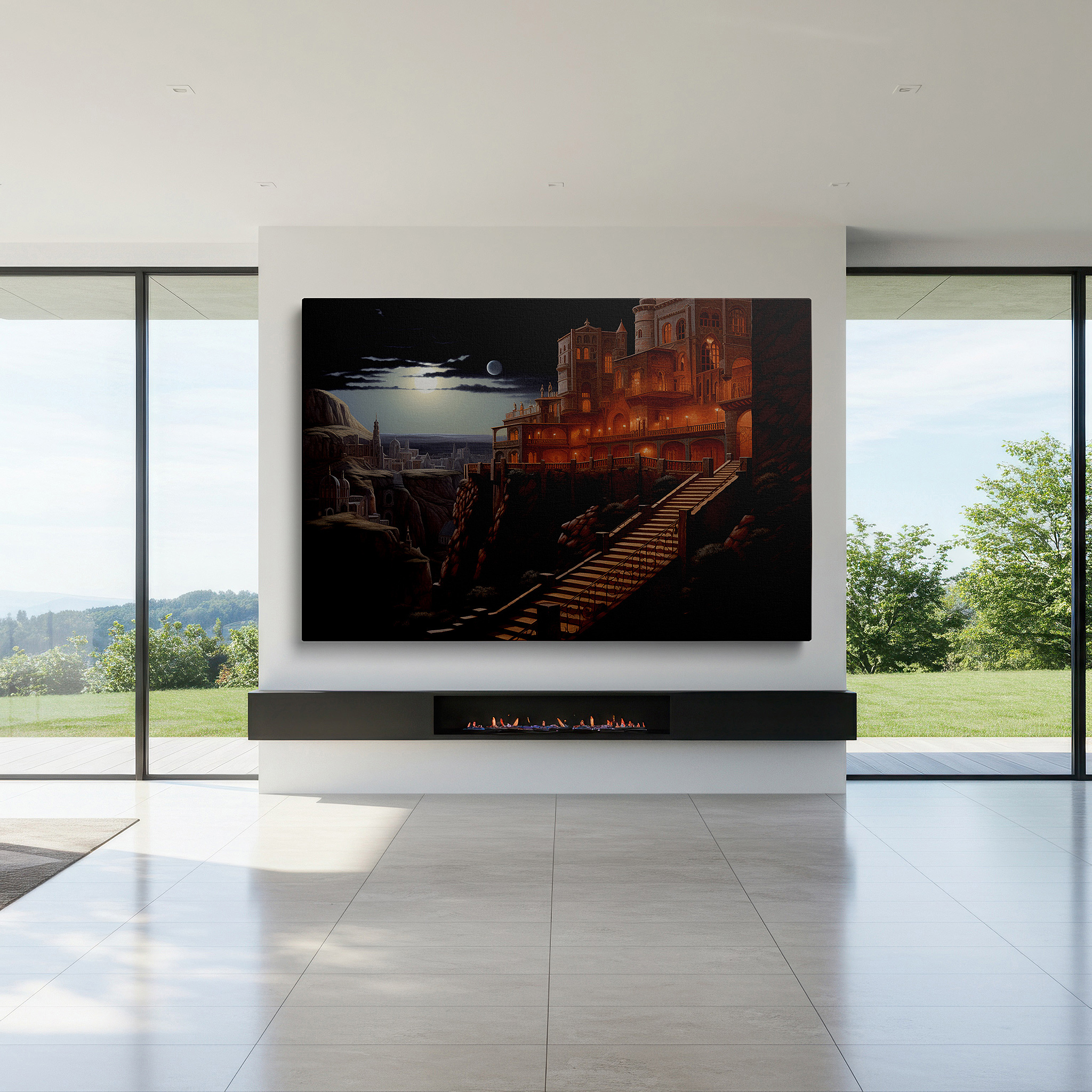 Framed by abstract decor and natural-toned accessories — wall art: majestic mountain fortress under moonlit twilight - gateway to ancient realms, large canvas wall art decor for office