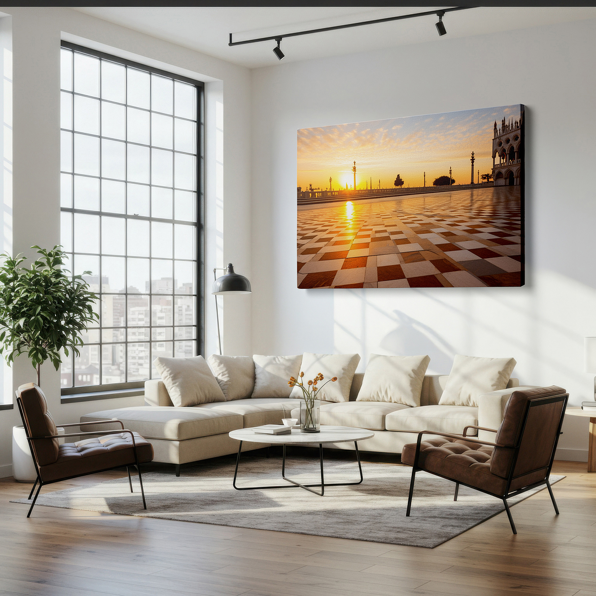 Framed by abstract decor and natural-toned accessories — wall art: sunset over piazza san marco - experience the historic beauty of venice with this large canvas art for office and bedroom decor