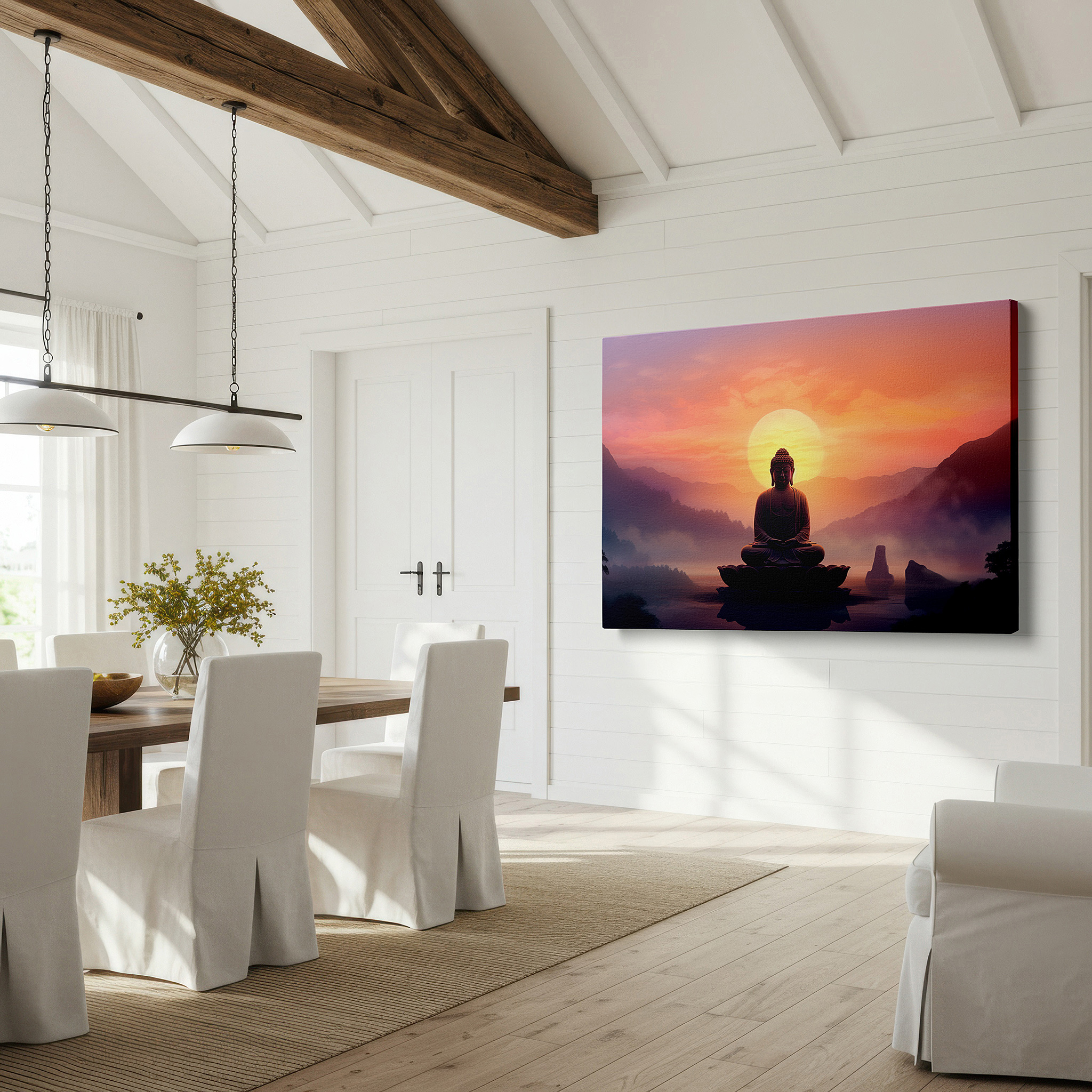 Framed by abstract decor and natural-toned accessories — wall art: tranquil dawn with buddha on a lotus - spiritual awakening amidst misty mountains - large canvas wall art for office and bedroom decor