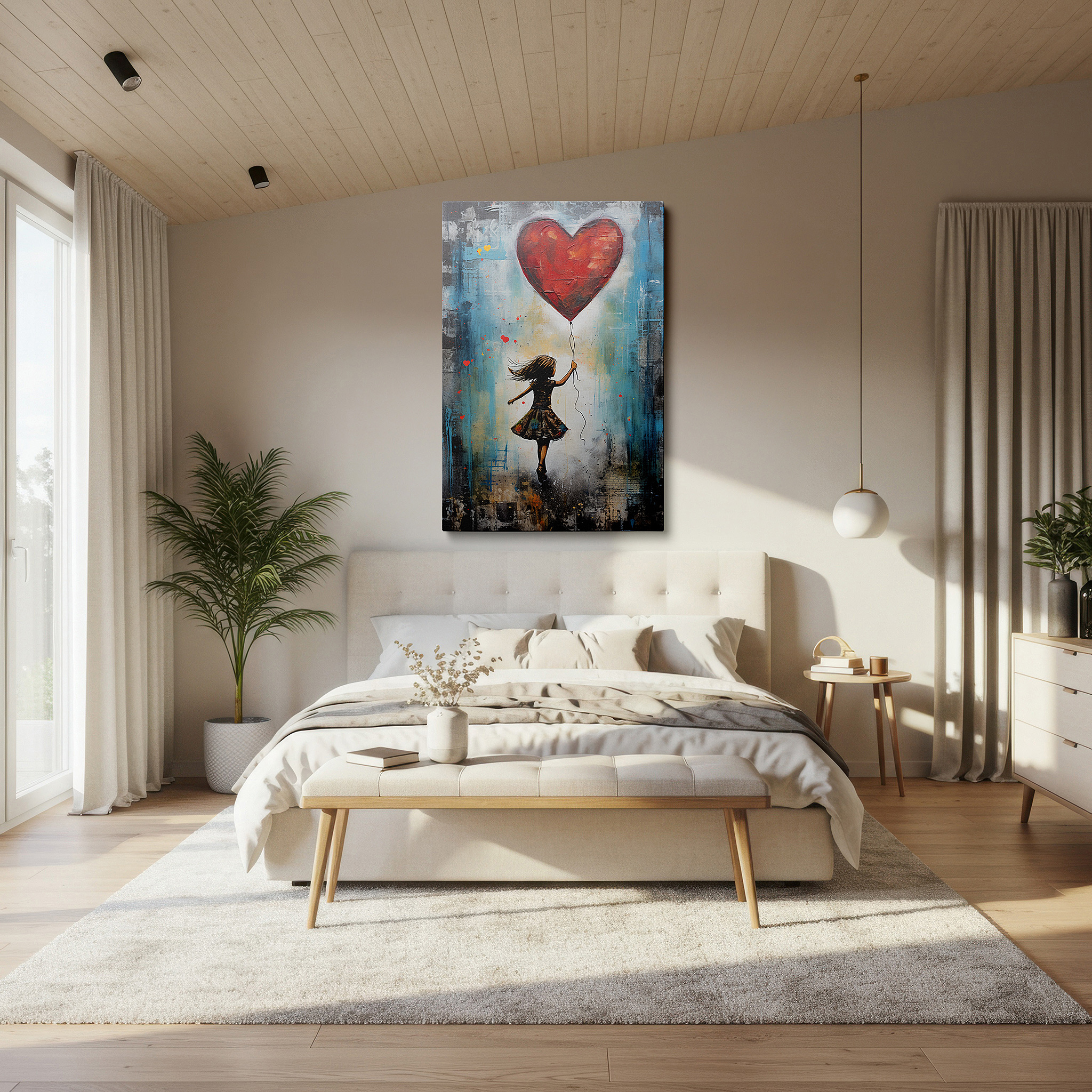 Framed by abstract decor and natural-toned accessories — wall art: vibrant scene of a young girl running with a heart-shaped balloon - large canvas art for home and office decor, perfect for living room and bedroom