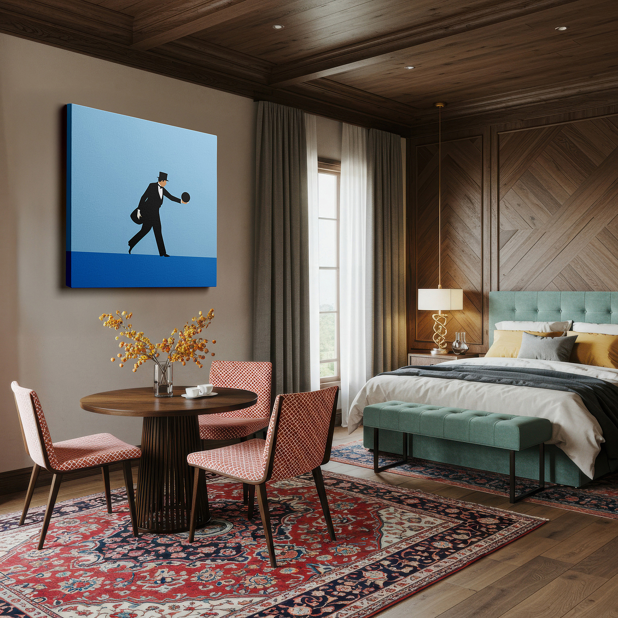Framed by abstract decor and natural-toned accessories — wall decor: "elegance at the alley" - a playful mix of sophistication and fun. large canvas art for offices, bedrooms, and living spaces.