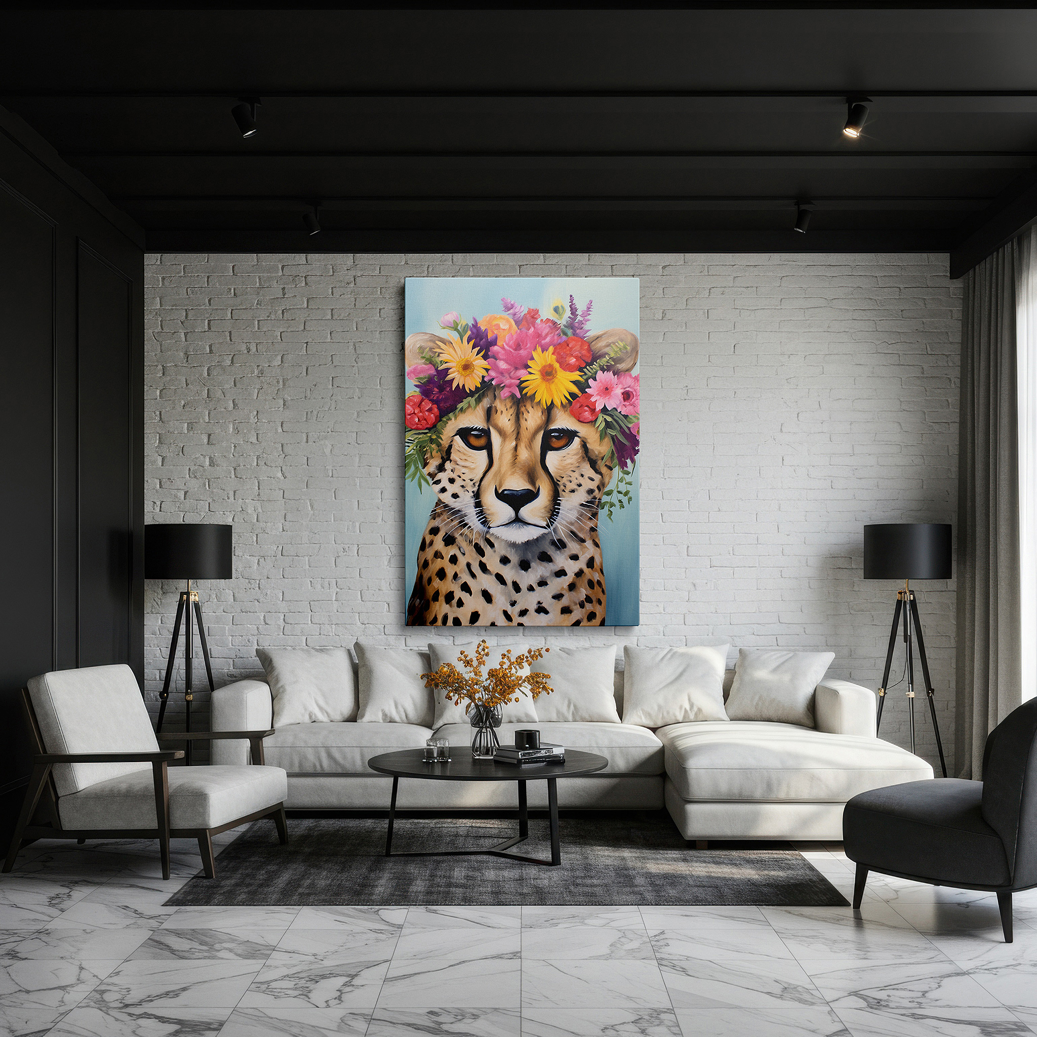 Framed by abstract decor and natural-toned accessories — wall decor: enchanting cheetah adorned with flower crown - a fusion of wilderness elegance and creative playfulness, large canvas wall art for home and office decor