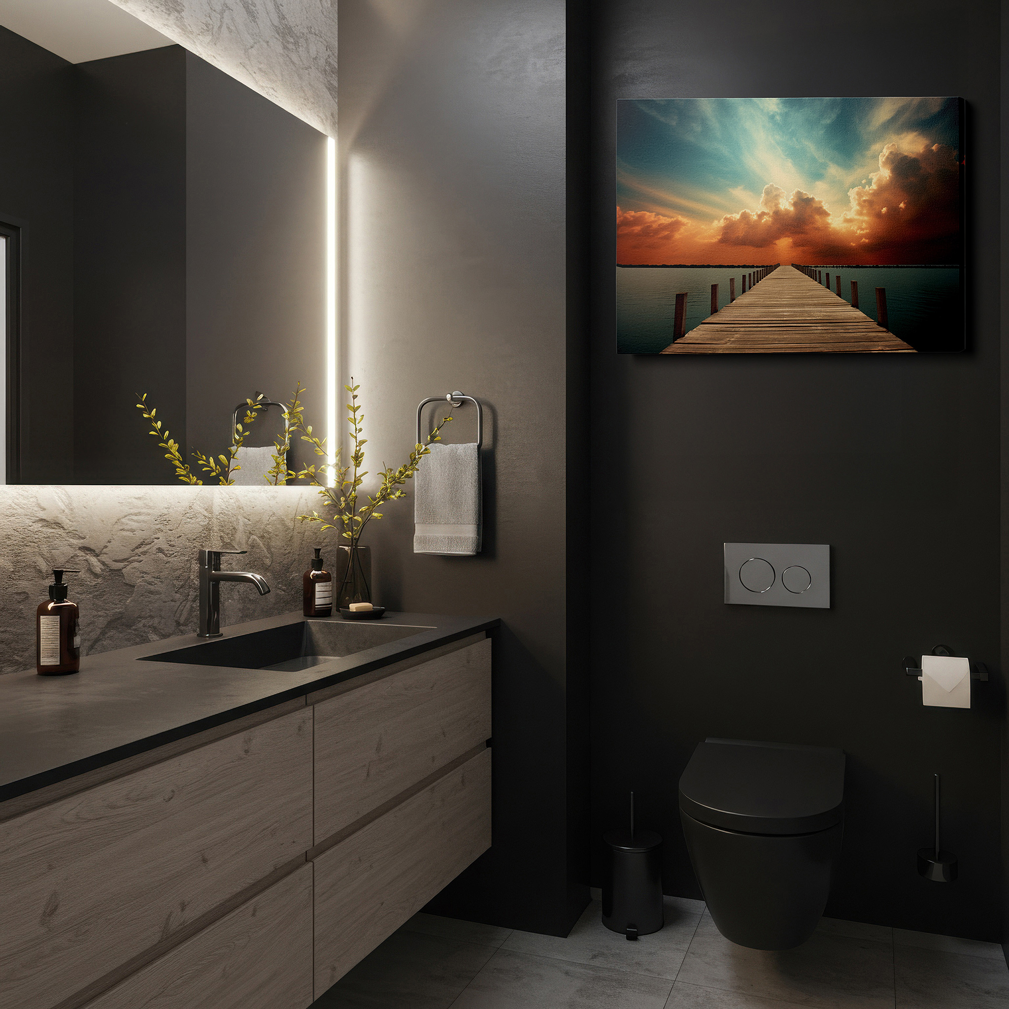 Framed by abstract decor and natural-toned accessories — wall decor: explore tranquility with a rustic pier and vivid sunset reflections - large canvas art for home and office