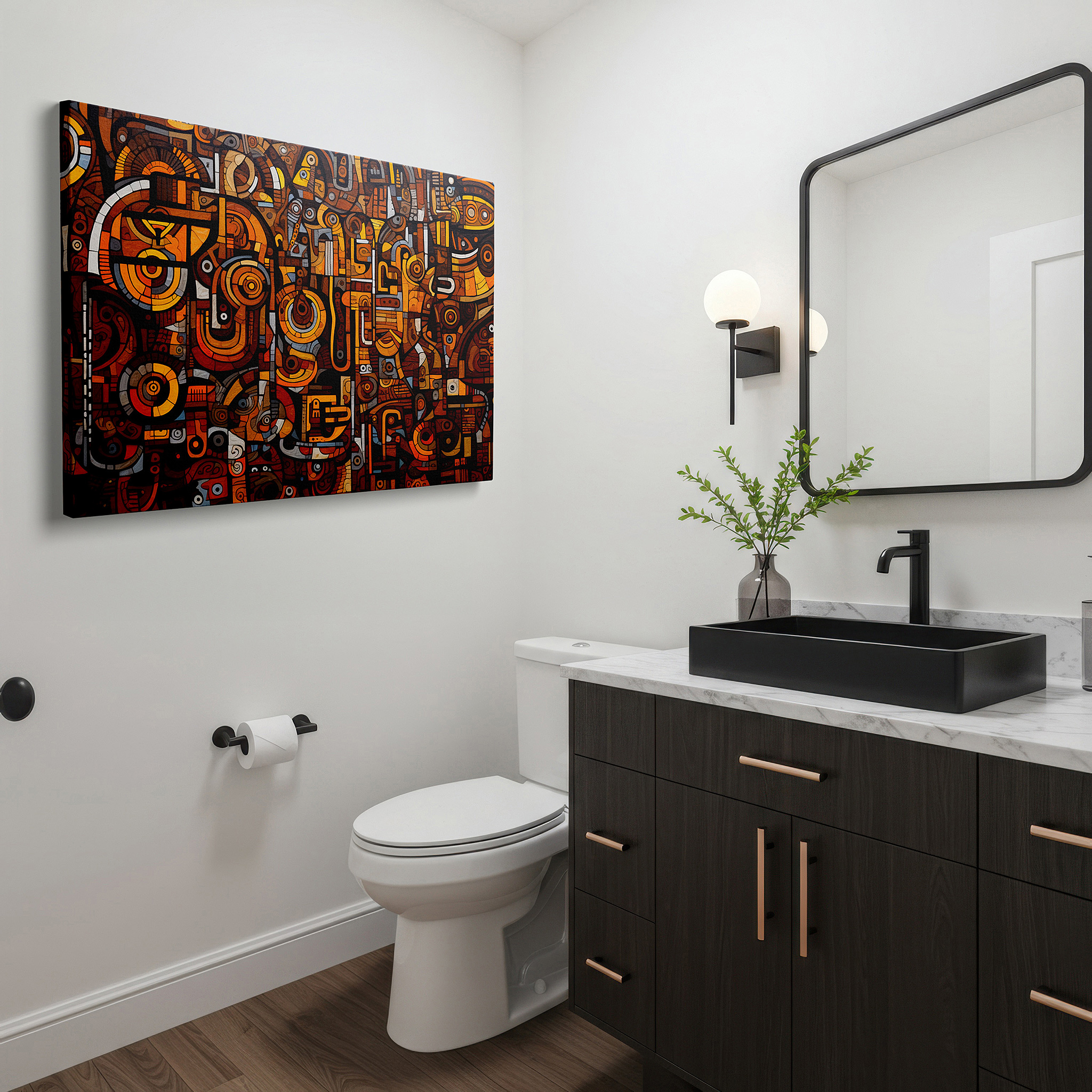 Framed by abstract decor and natural-toned accessories — warm orange and brown dynamic abstract tapestry, large canvas wall art featuring movement and depth, ideal for office decor