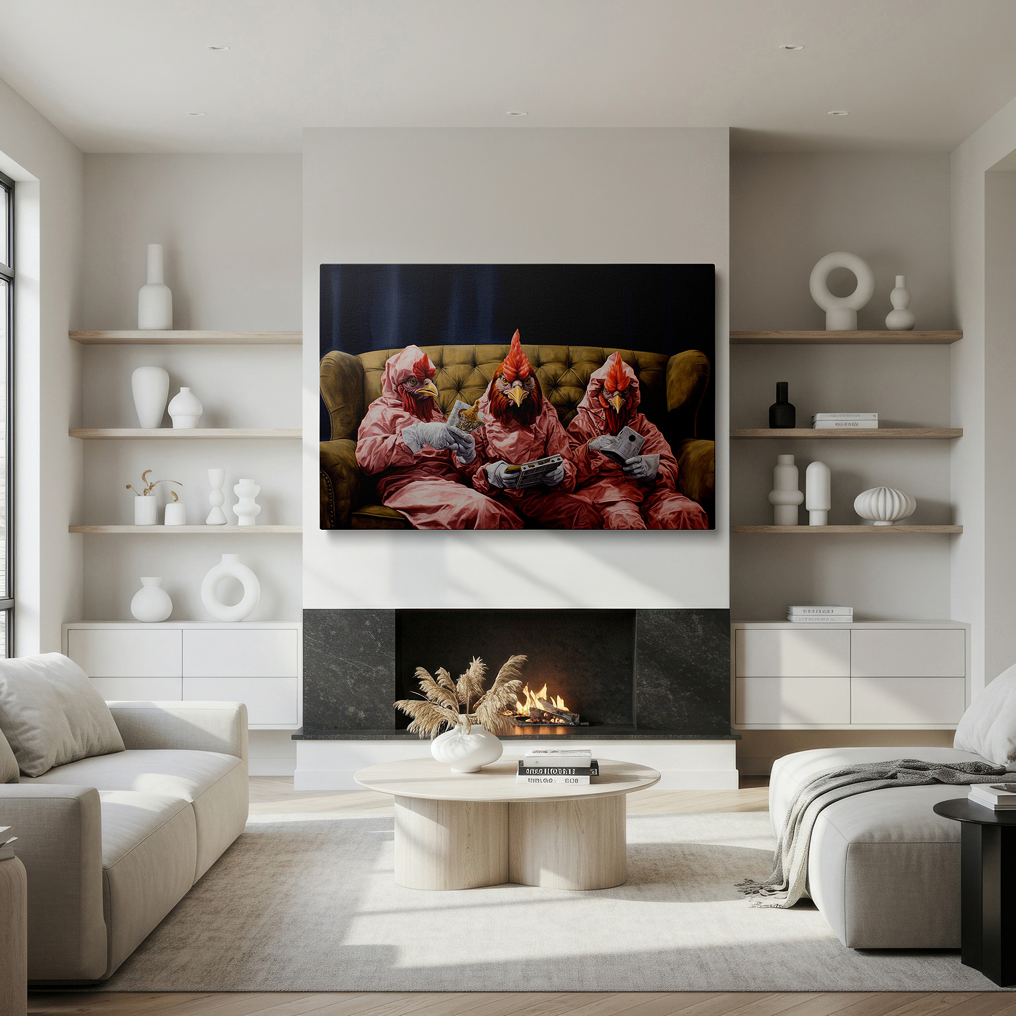 Framed by abstract decor and natural-toned accessories — whimsical chickens in pink pajamas playing video games - large canvas wall art for office, bedroom, and living room decor