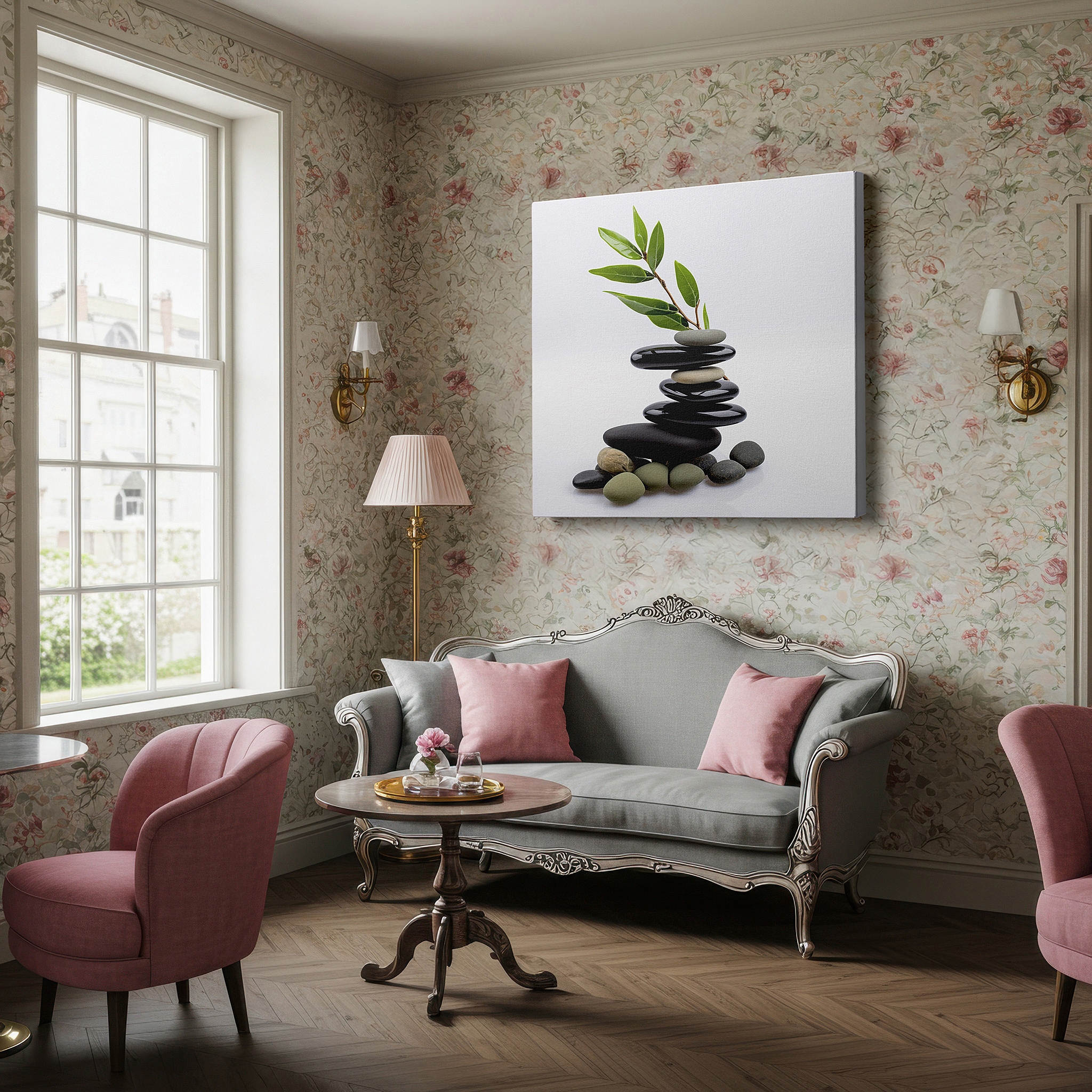 Framed by abstract decor and natural-toned accessories — zen stones and vibrant leaves wall art: embrace serenity and mindfulness with this large canvas, perfect for office or bedroom decor