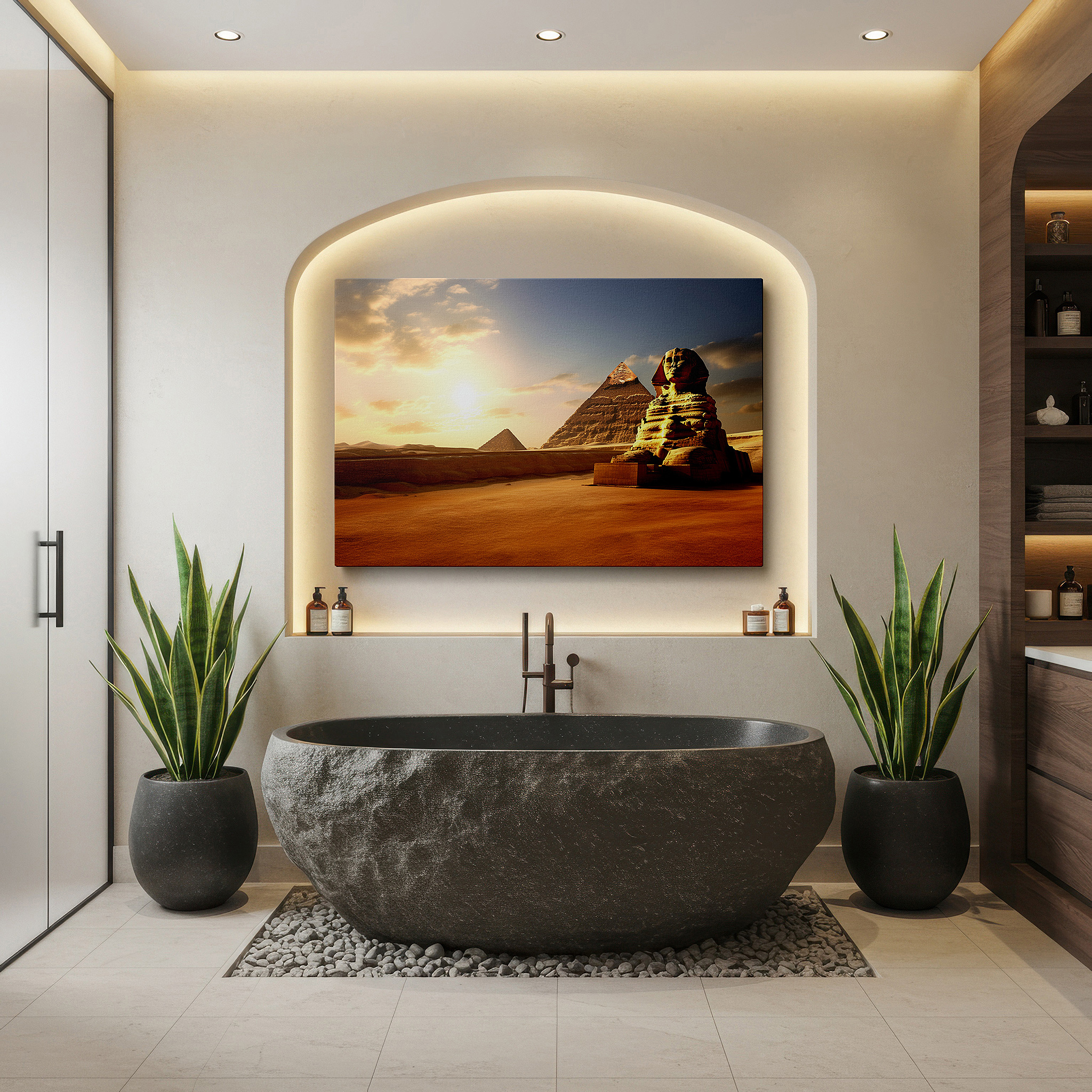 Gently illuminated by ambient lighting in an entryway — ancient egypt gateway featuring the majestic sphinx and pyramids large canvas wall art for office and bedroom decor