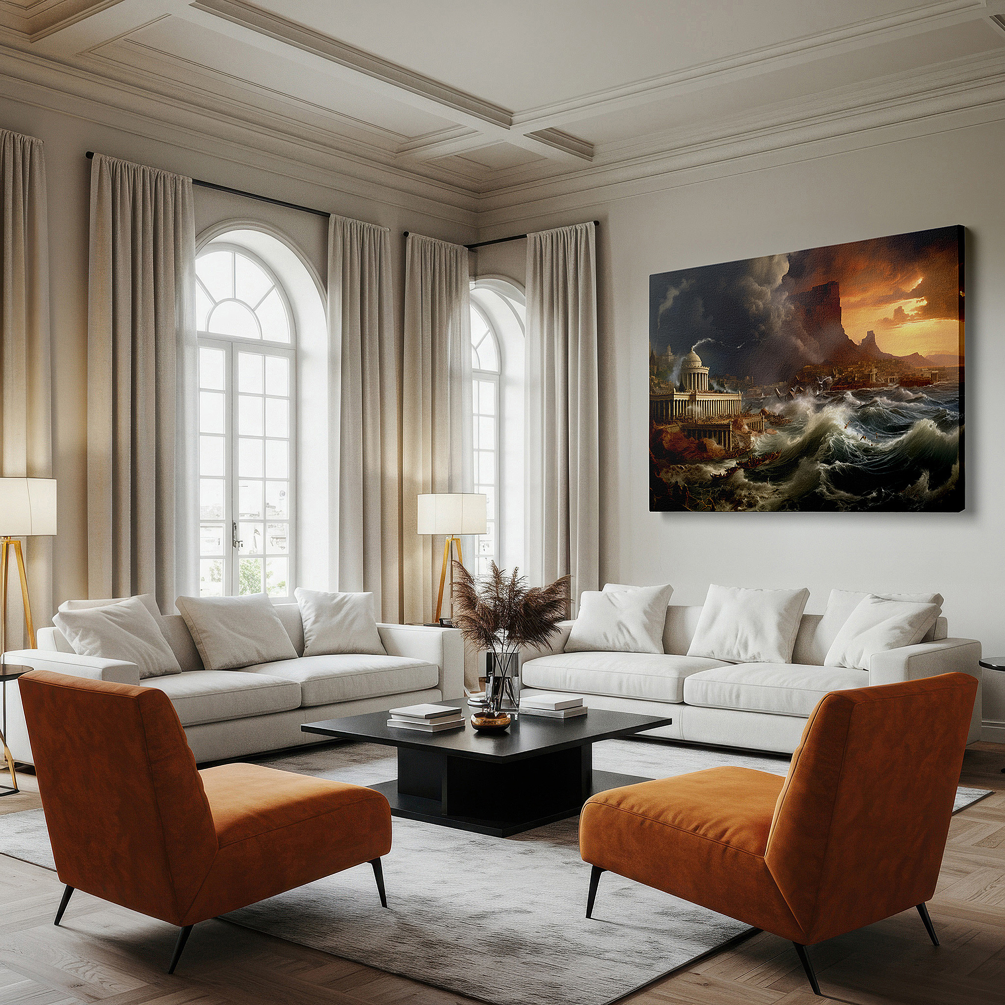Gently illuminated by ambient lighting in an entryway — ancient spirits and nature's fury clash in a stormy seascape large wall art, canvas wall art, wall decor for office and bedroom