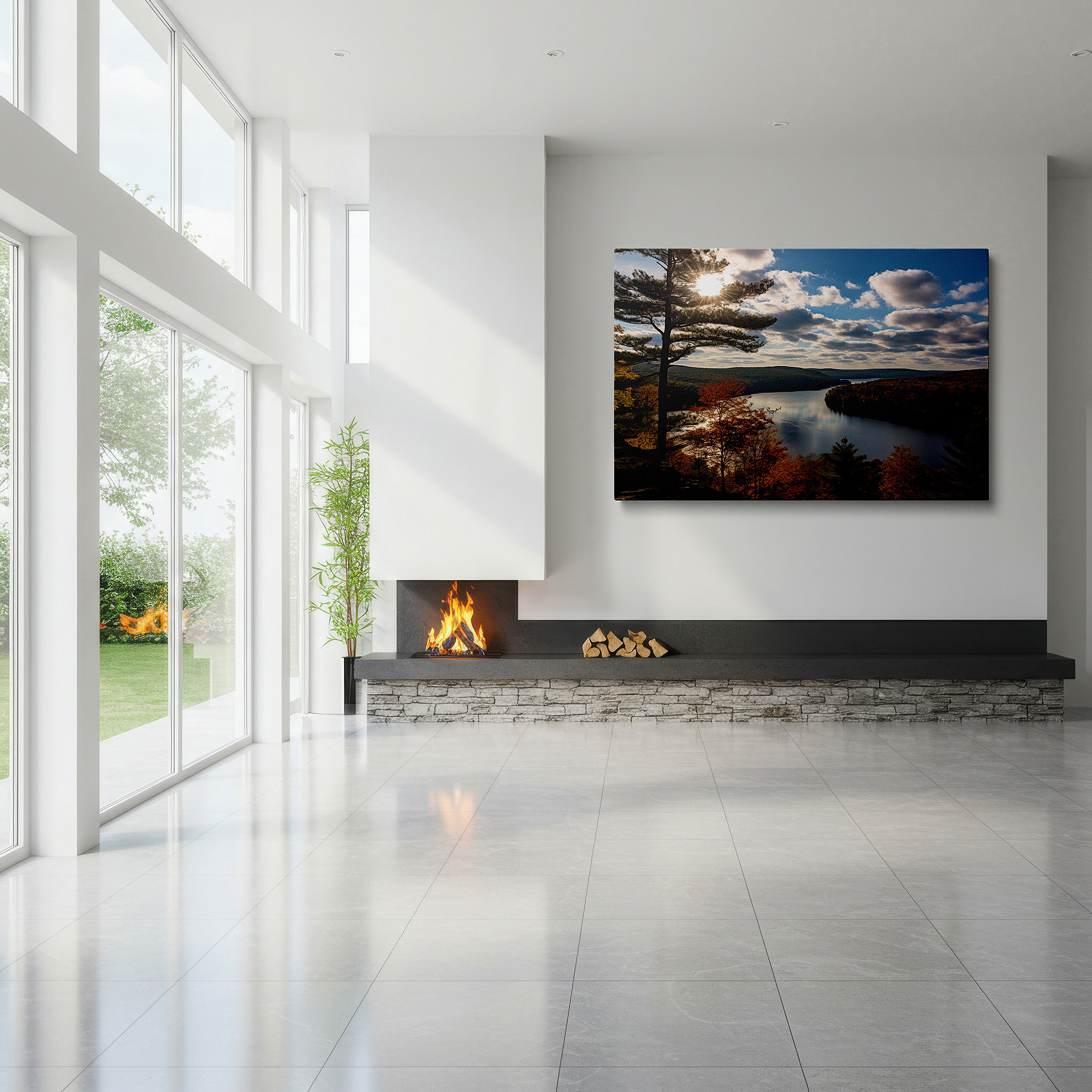 Gently illuminated by ambient lighting in an entryway — autumn's fiery reflections: tranquil river large canvas wall art for office, bedroom, and living room decor