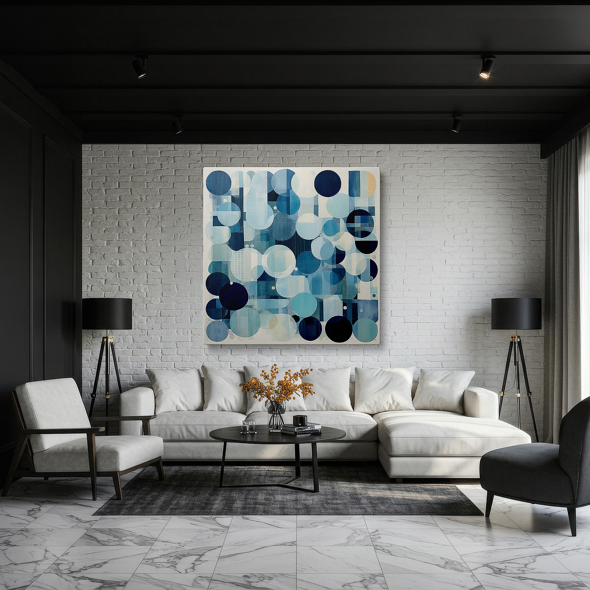 Gently illuminated by ambient lighting in an entryway — blue and white harmonious circles, symbolizing unity and serenity, large canvas wall art for office decor