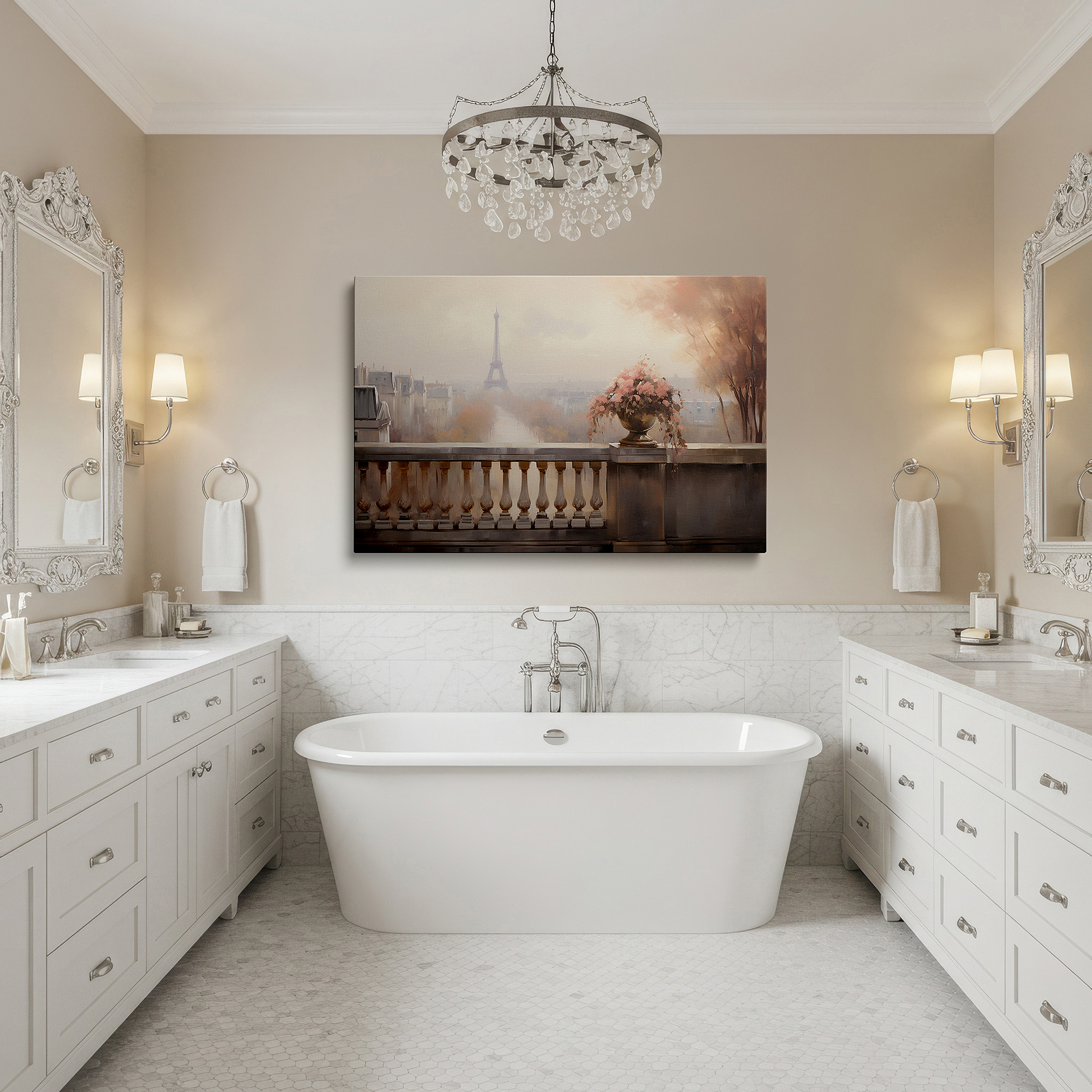 Gently illuminated by ambient lighting in an entryway — captivating paris dawn featuring the majestic eiffel tower surrounded by gentle pastels - large canvas wall art for office and bedroom decor