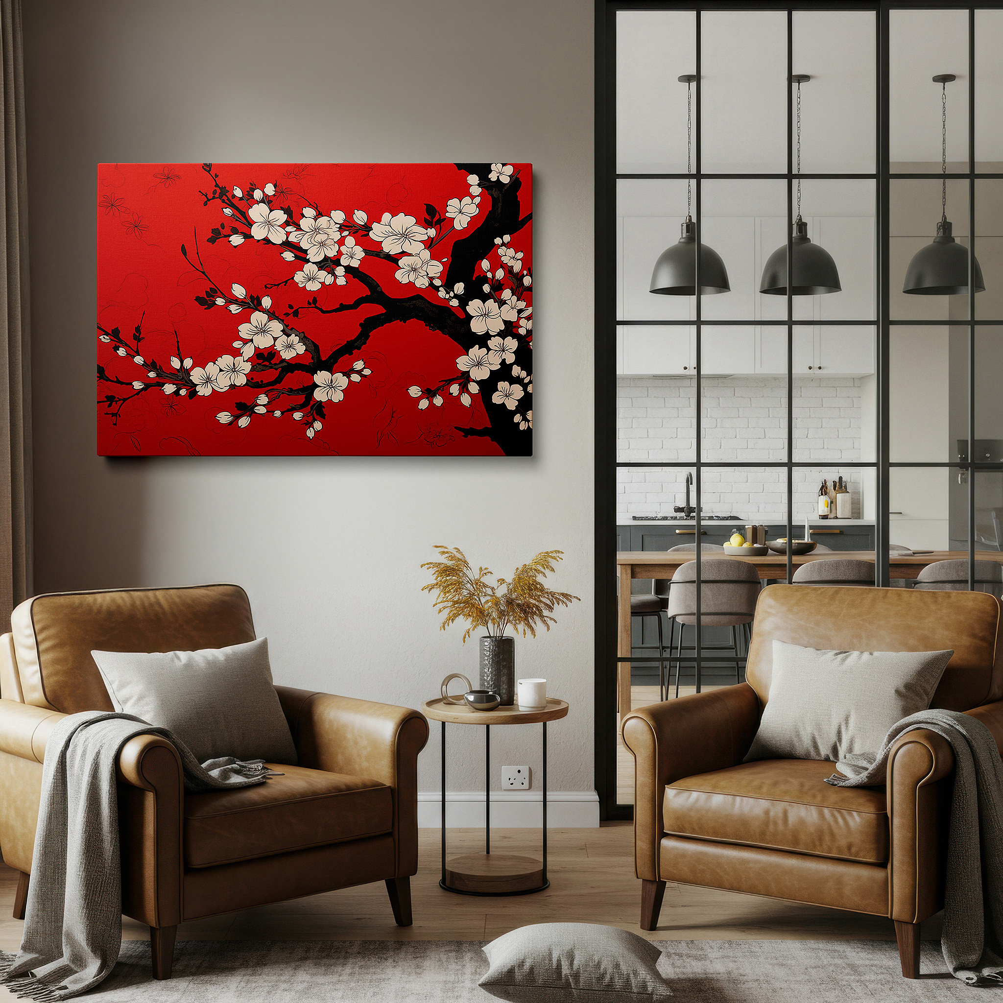 Gently illuminated by ambient lighting in an entryway — cherry blossoms of renewal on vibrant red background large canvas wall art for office and bedroom decor