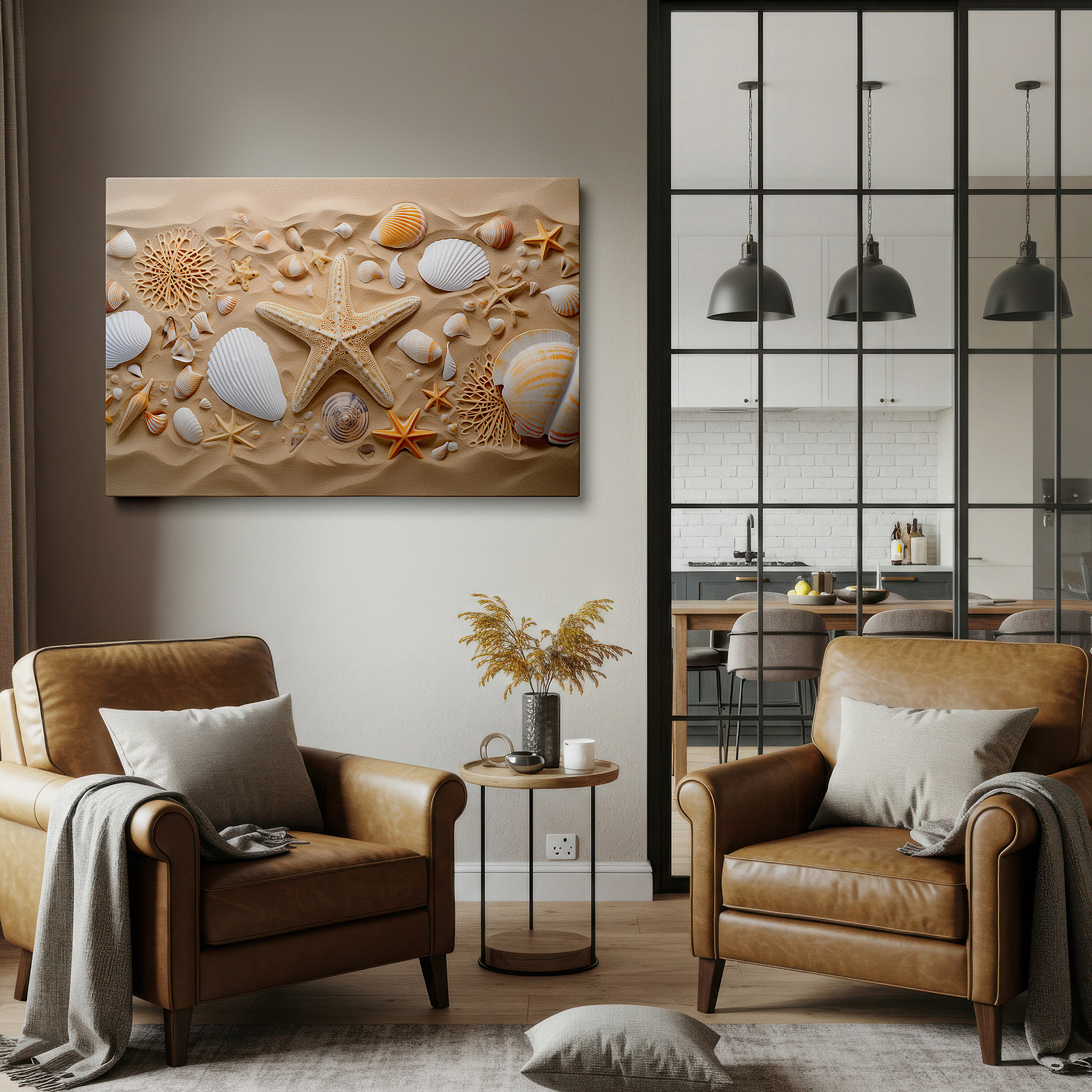 Gently illuminated by ambient lighting in an entryway — coastal gems on sunlit shores - peaceful shell and starfish collection large wall art, canvas wall art, wall decor for office and bedroom
