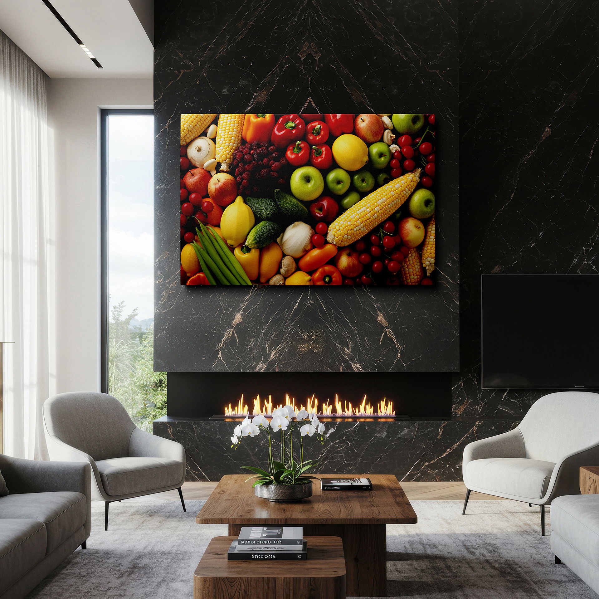 Gently illuminated by ambient lighting in an entryway — a colorful celebration of nature featuring corn, peppers, and apples - large wall art, canvas wall art, wall decor for office and bedroom