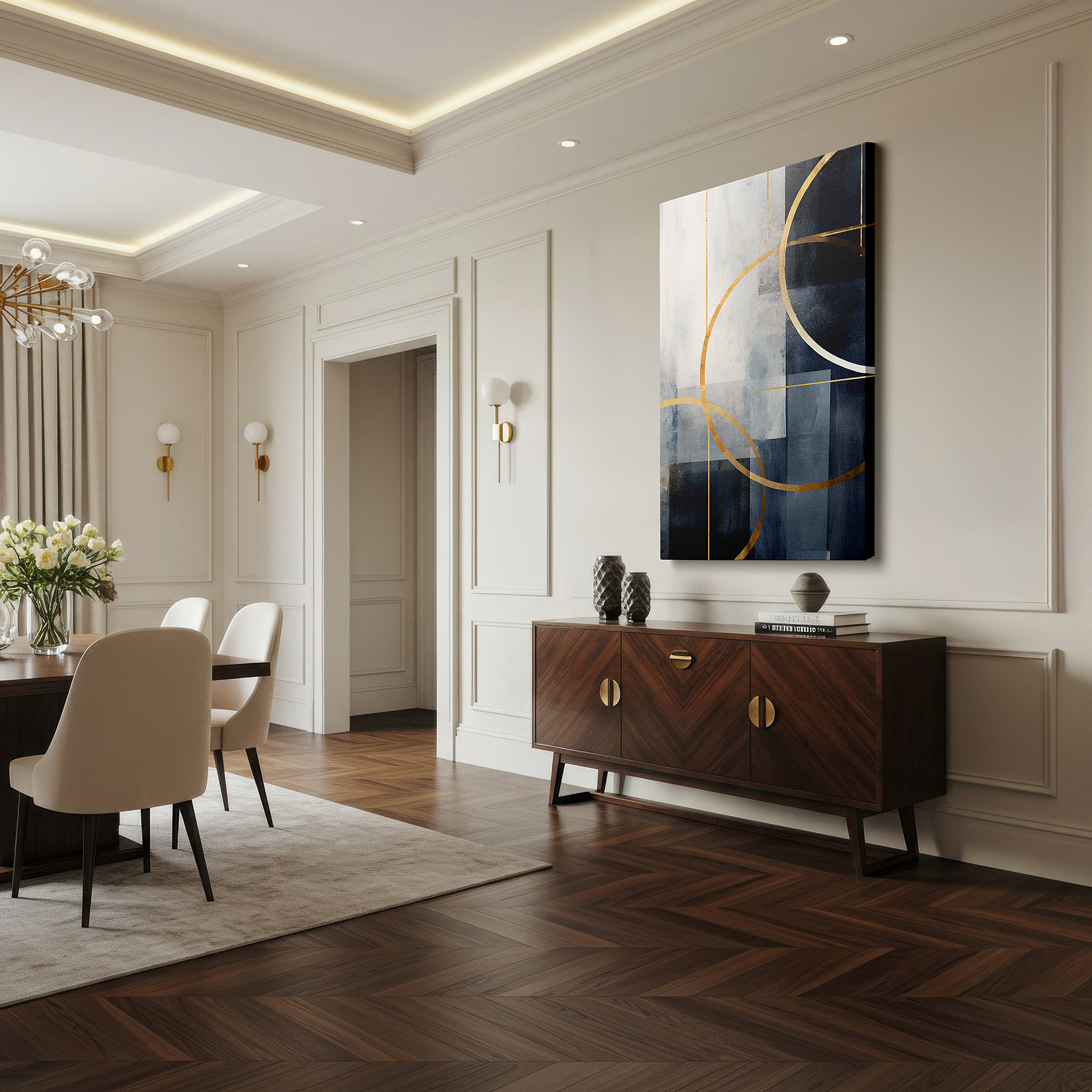 Gently illuminated by ambient lighting in an entryway — contemporary chic: geometric wall art in black, white, and gold - large canvas for office, bedroom, or living room decor