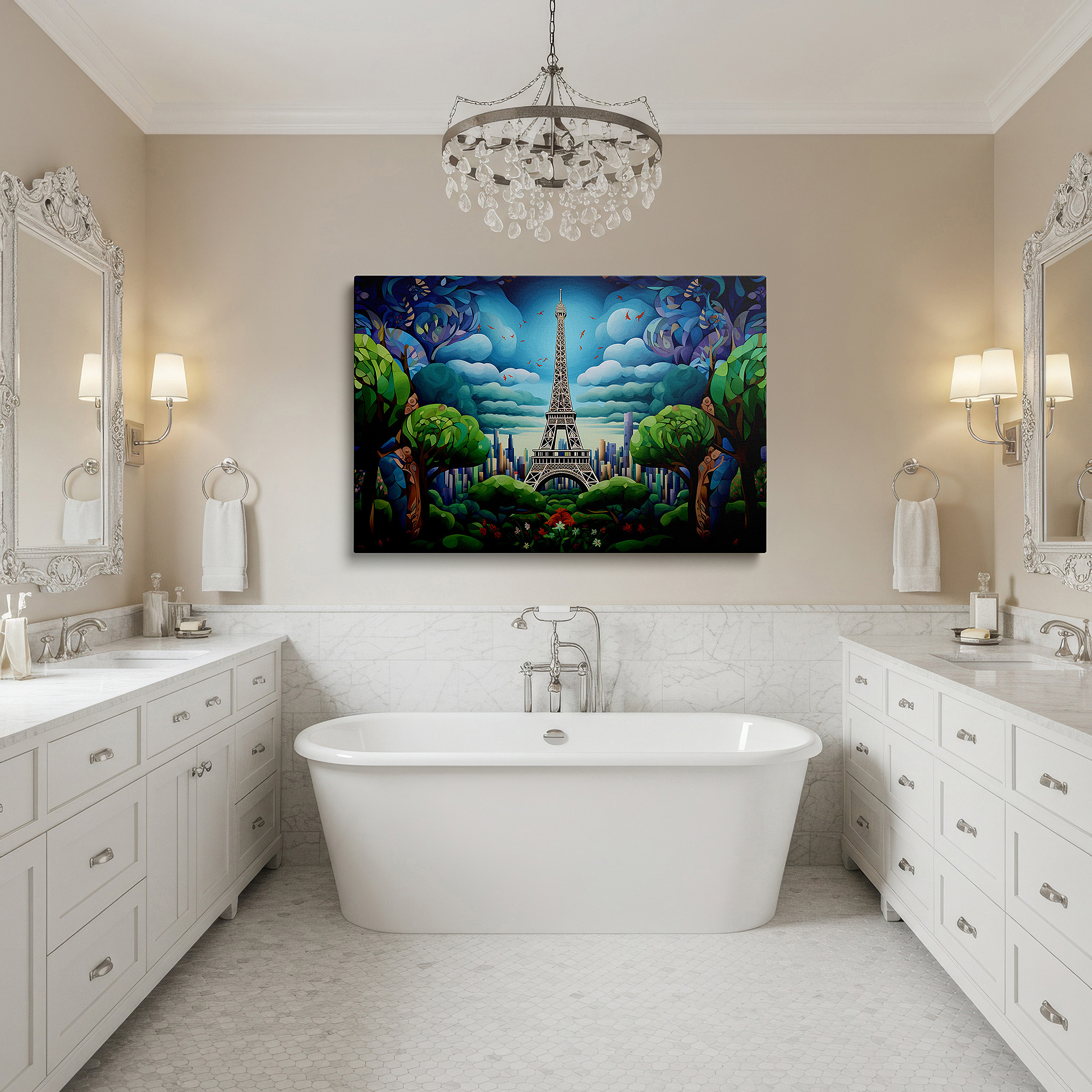 Gently illuminated by ambient lighting in an entryway — dreamlike paris - a surreal eiffel tower surrounded by nature large wall art, canvas wall art, wall decor for office and bedroom