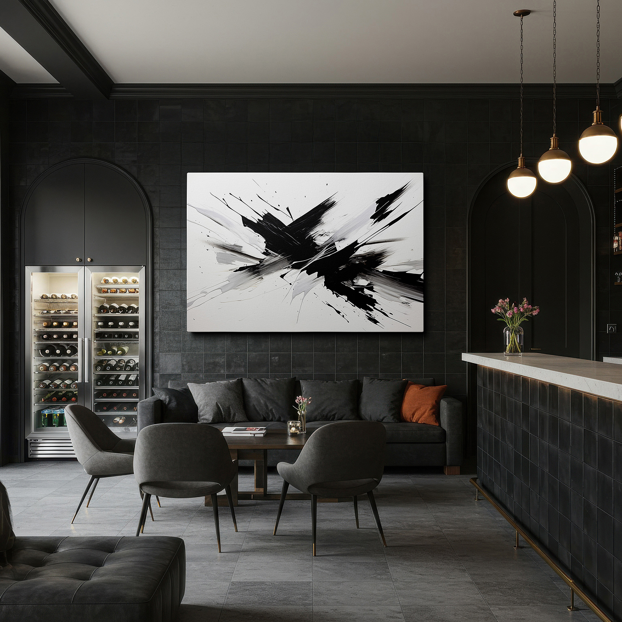 Gently illuminated by ambient lighting in an entryway — dynamic black and white abstract expressionism artwork, embodying emotional turmoil and motion, ideal for large wall decor, canvas art for home and office