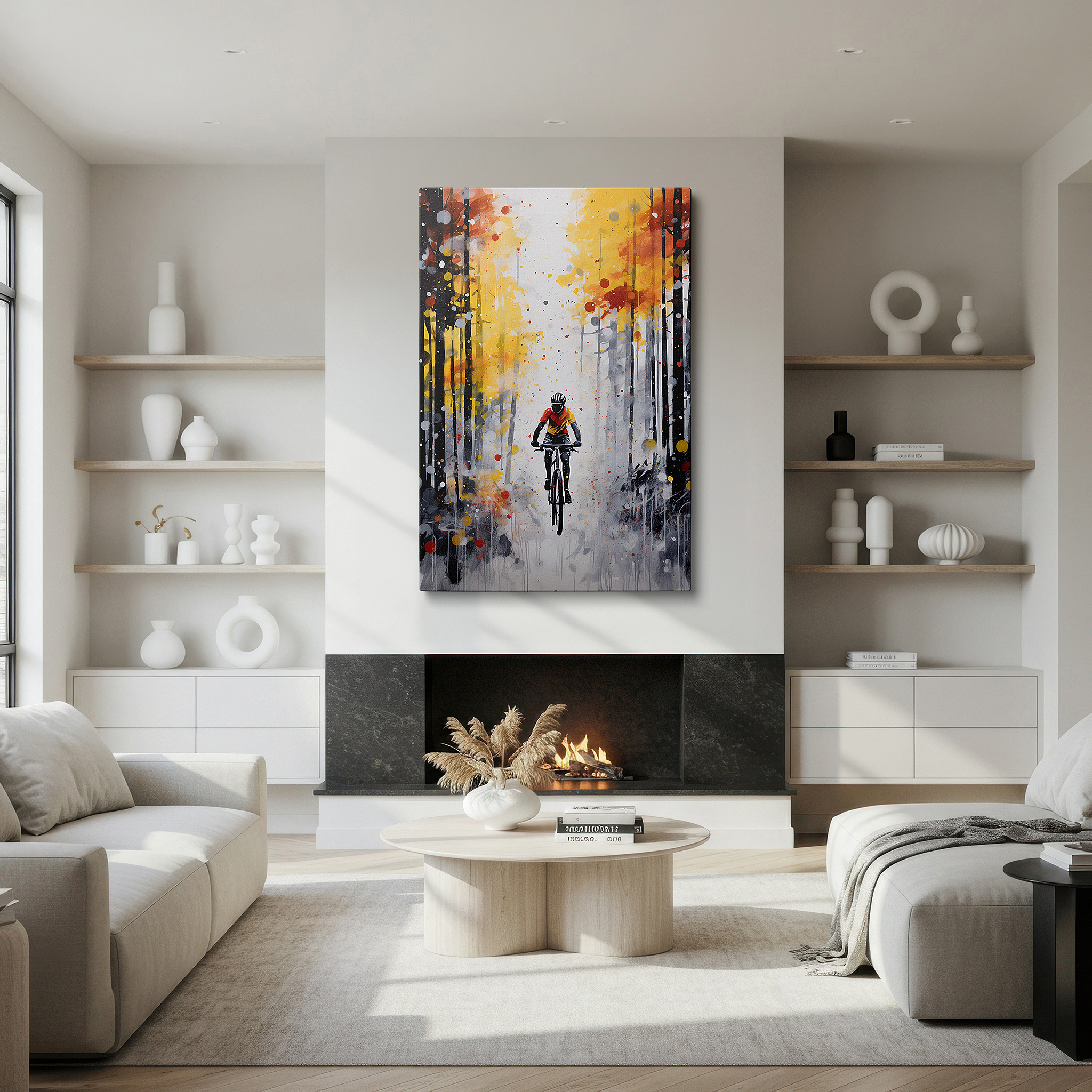 Gently illuminated by ambient lighting in an entryway — dynamic mountain biker racing through autumn forest: a vivid celebration of adventure and nature - large wall art, canvas wall art, wall decor for office