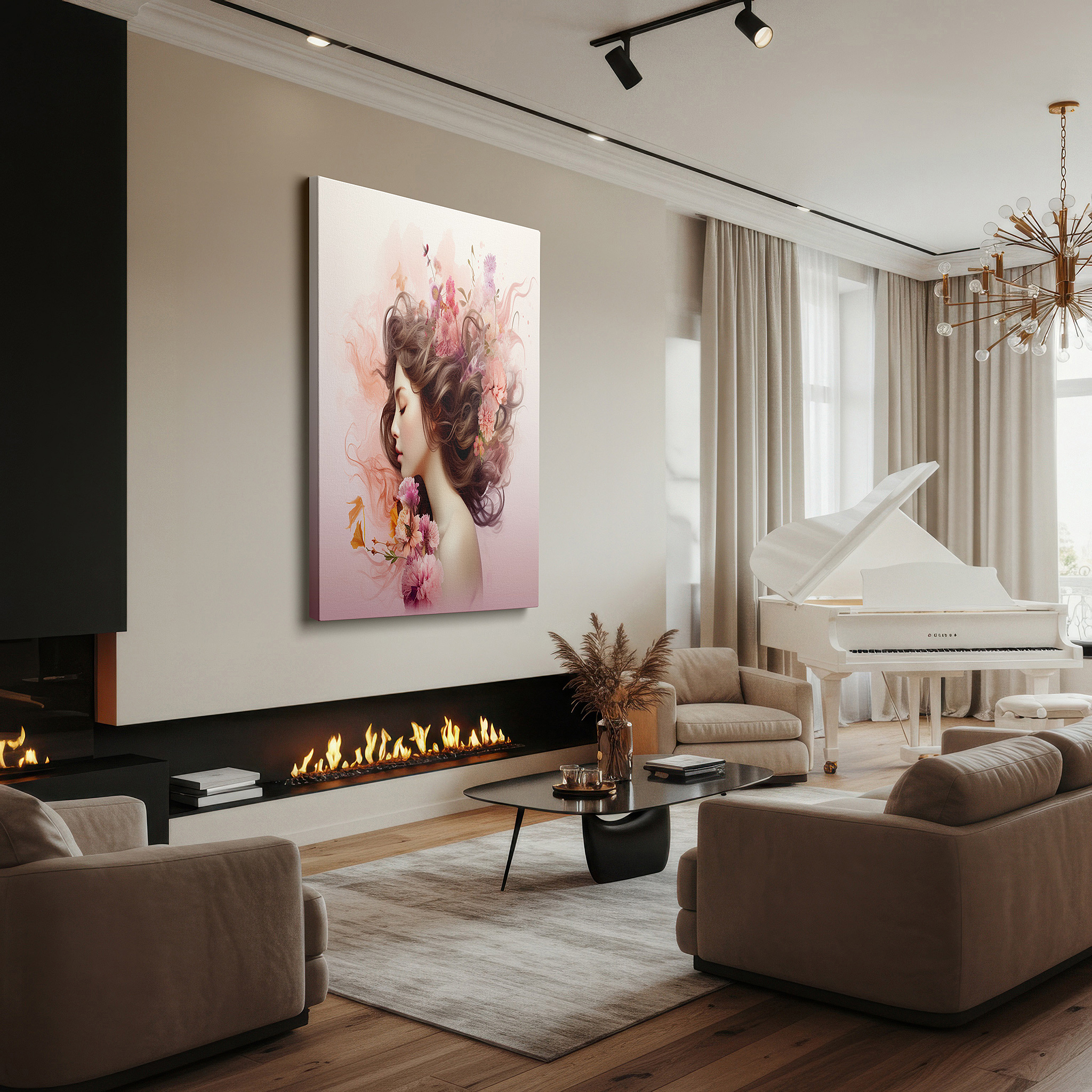 Gently illuminated by ambient lighting in an entryway — elegant femininity and organic beauty in soft pastels, tranquil portrait with flower crown, large canvas wall art for home or office decor