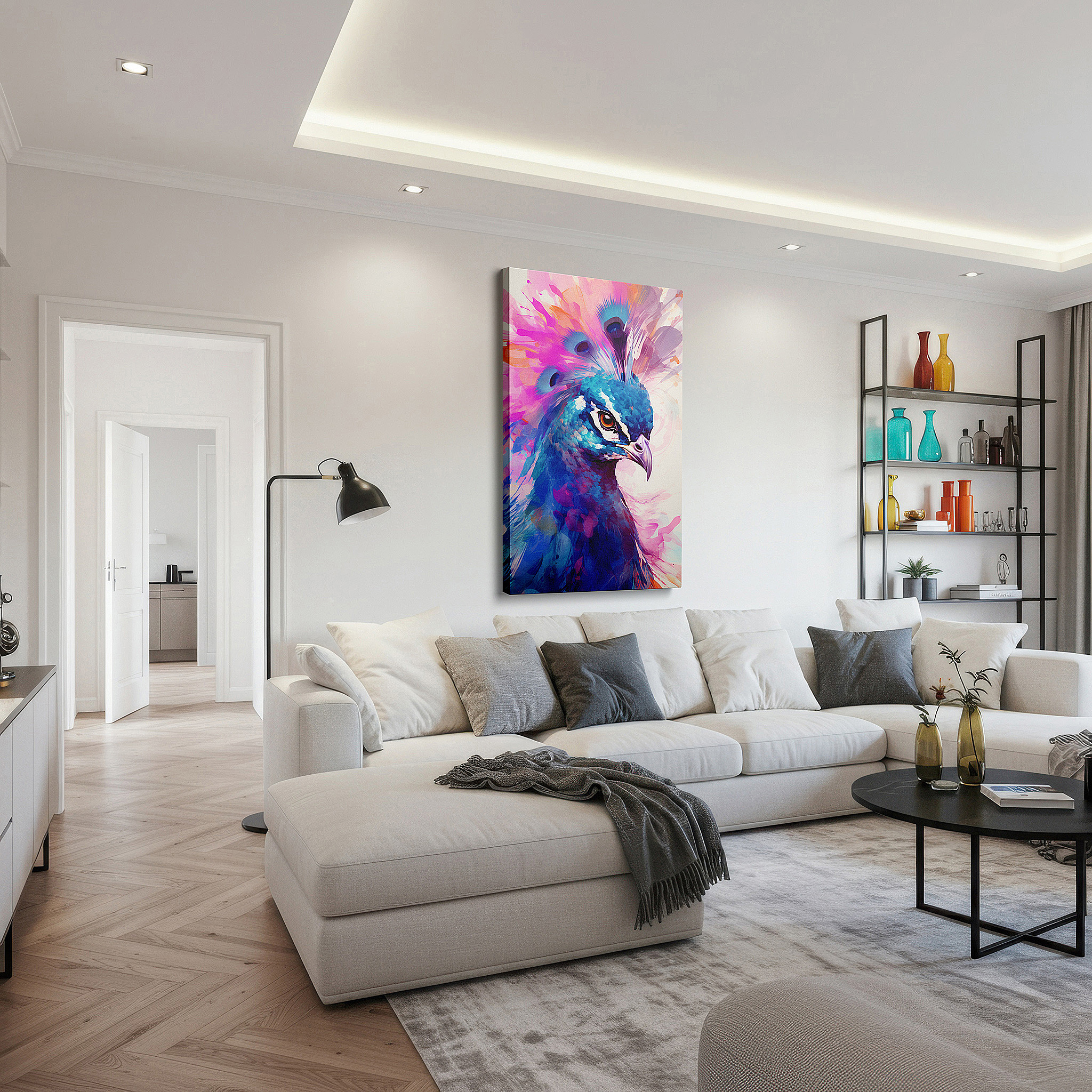 Gently illuminated by ambient lighting in an entryway — elegant peacock display showcases beauty and luxury with bright colors and graceful splashes, large canvas wall art decor
