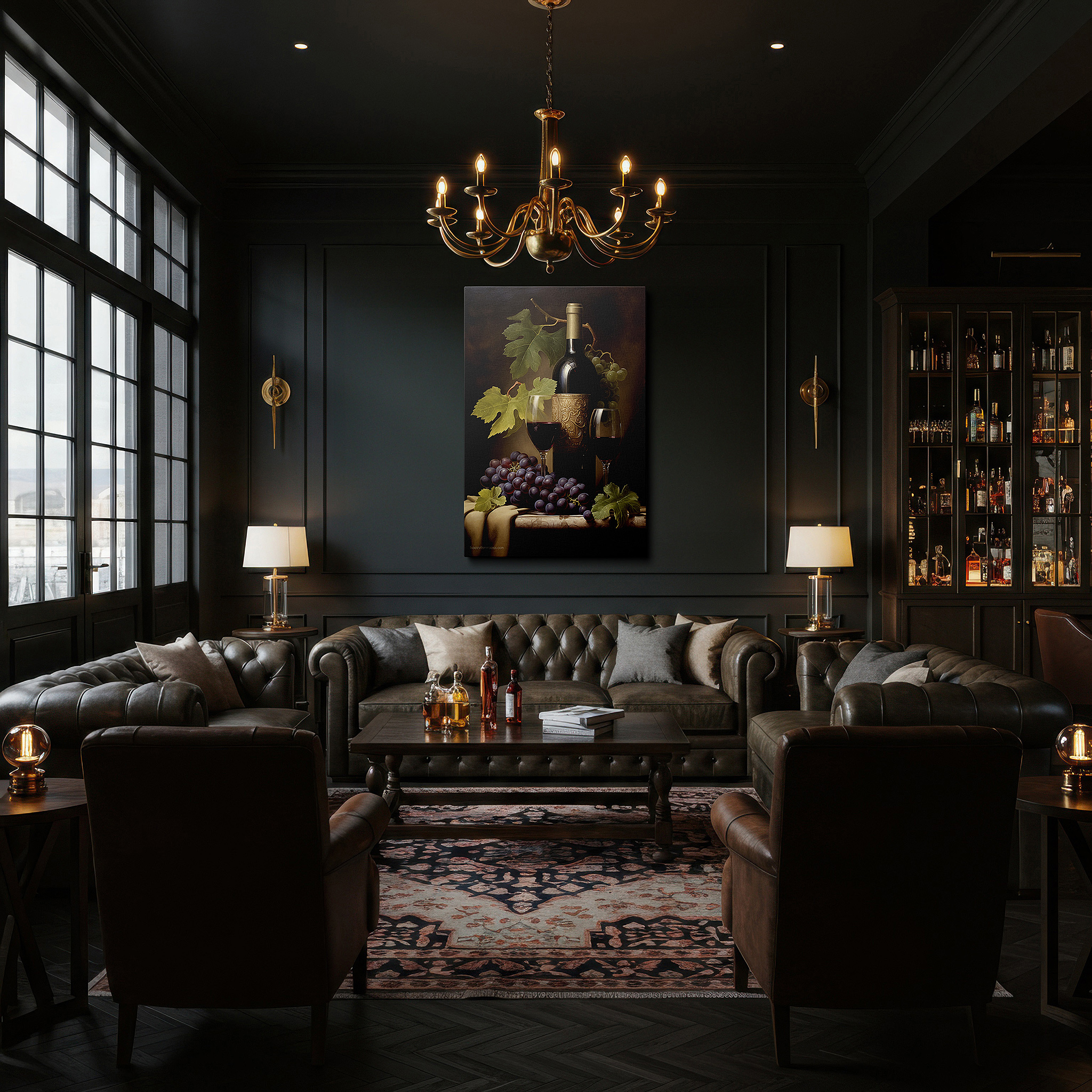 Gently illuminated by ambient lighting in an entryway — elegant wine tasting evening wall art featuring red wine, glasses, and ripe grapes - large canvas art for home and office decor, perfect for living room and bedroom