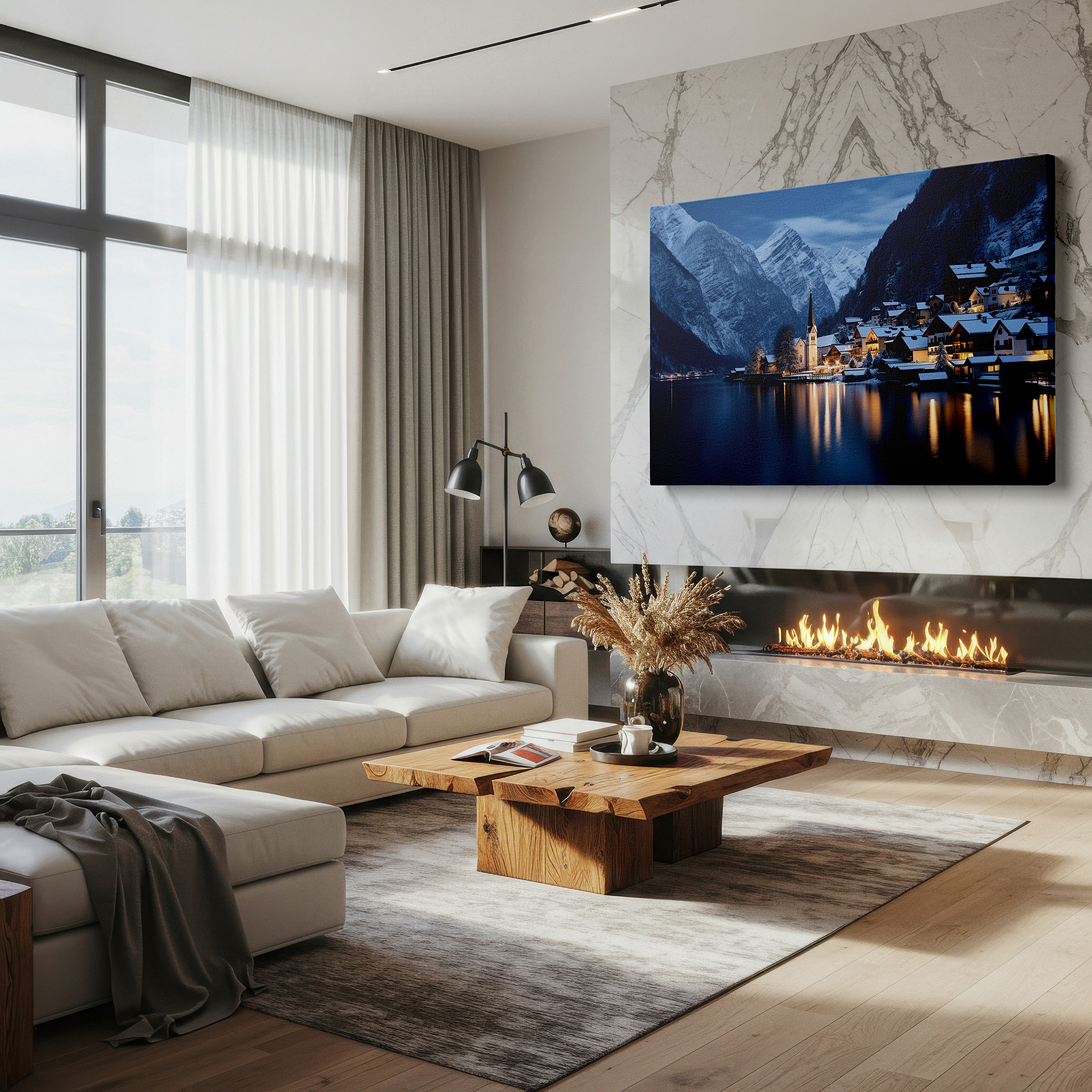Gently illuminated by ambient lighting in an entryway — enchanting winter village at dusk - tranquil lakeside large wall art for office, bedroom, and living room decor, available as canvas