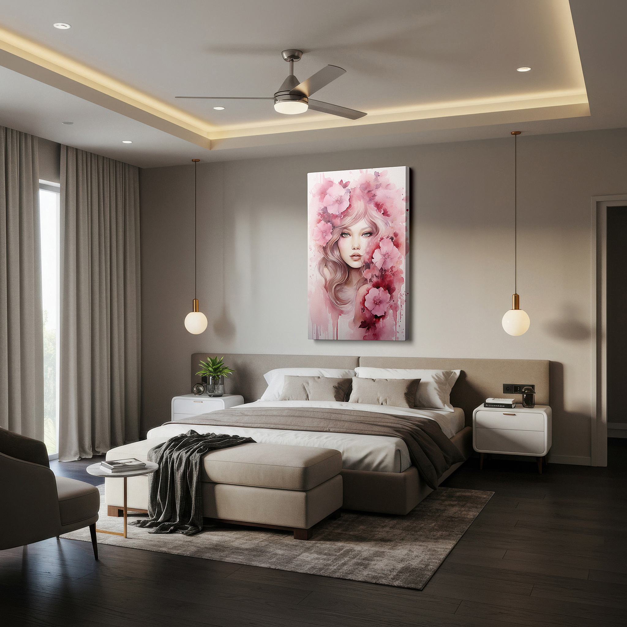 Gently illuminated by ambient lighting in an entryway — ethereal blossoms: a serene fusion of feminine elegance and natural charm - large wall art, canvas wall art, wall decor for office and bedroom