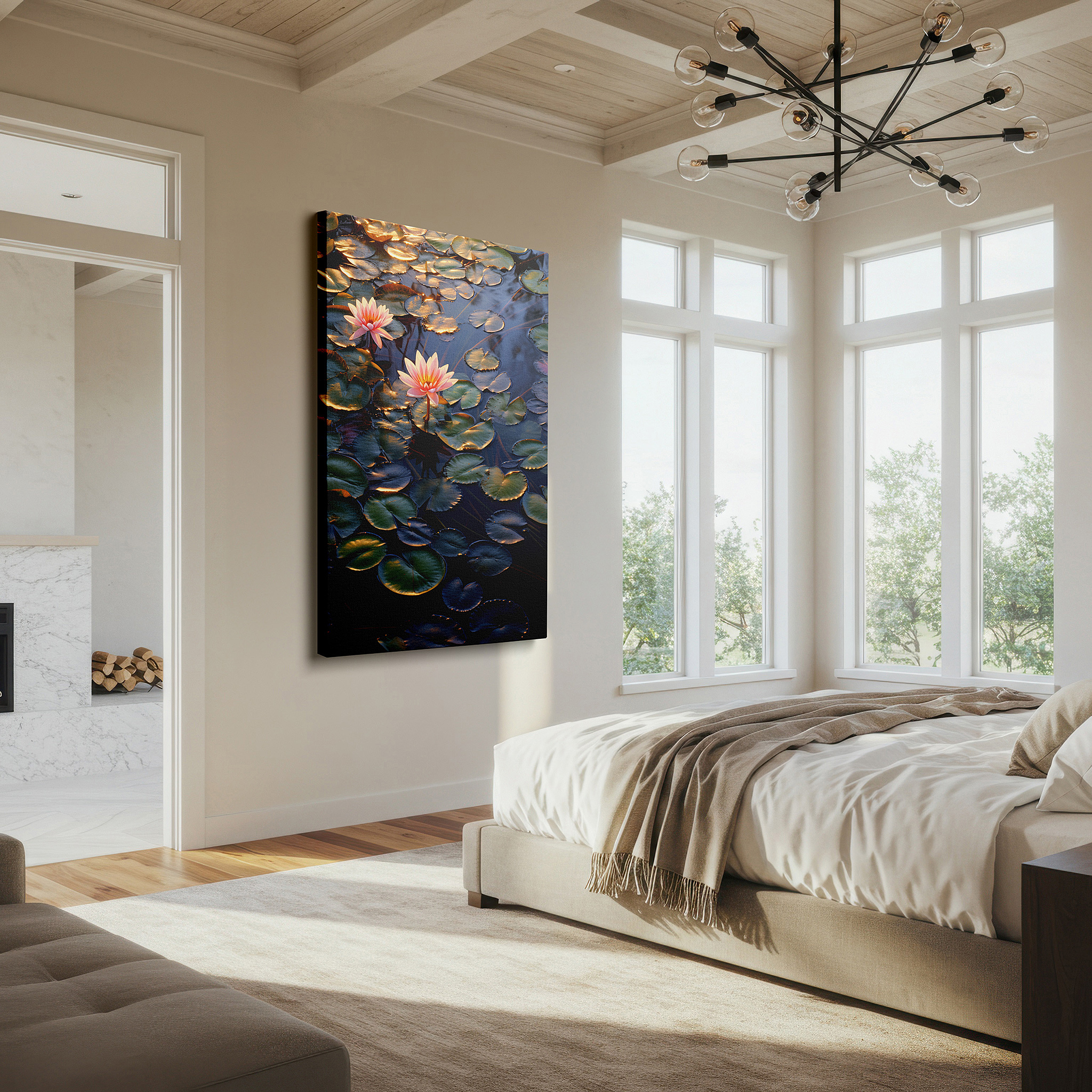Gently illuminated by ambient lighting in an entryway — ethereal pink water lilies canvas print: tranquil and elegantly natural large wall art for home and office decor