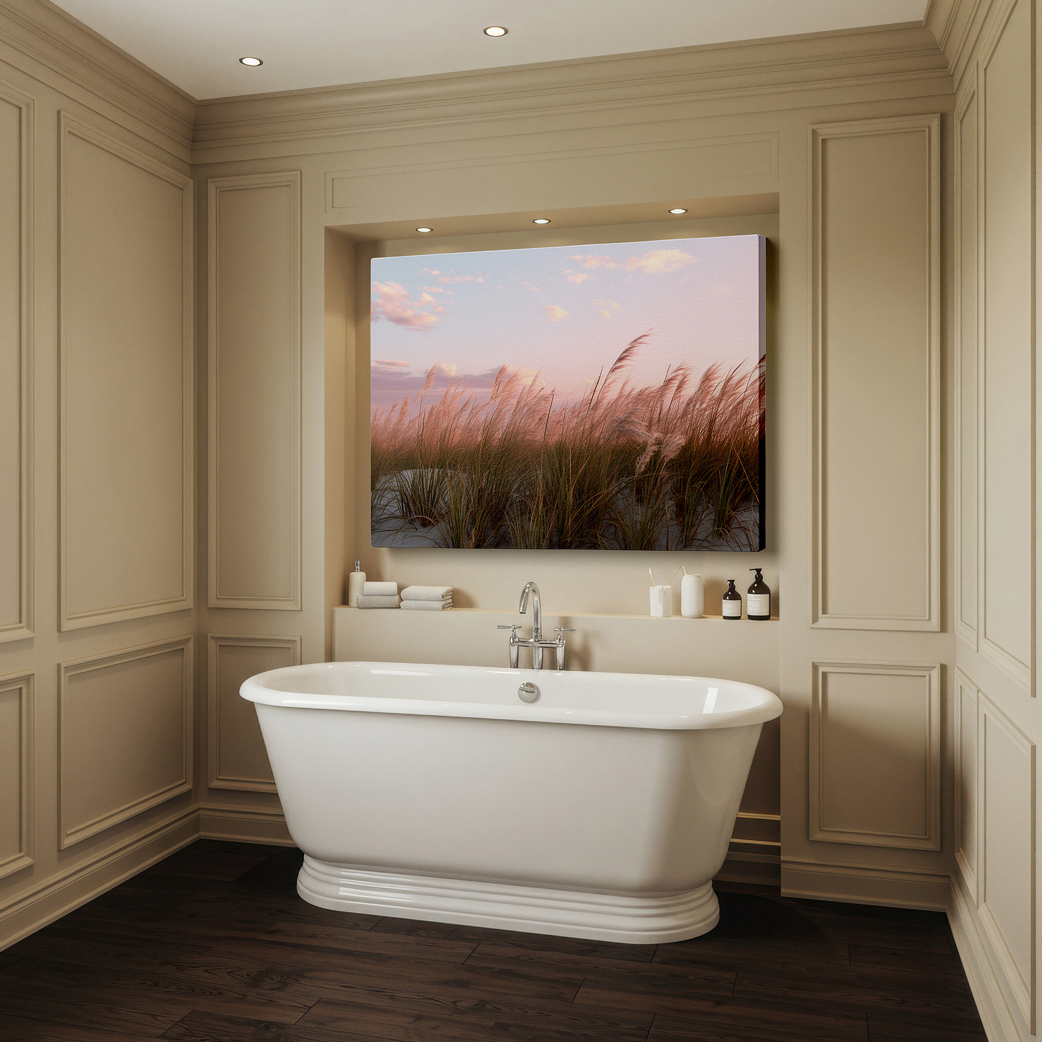 Gently illuminated by ambient lighting in an entryway — evening serenity by the shore: pink sunset and swaying dune grass large wall art, canvas wall art, wall decor for office and bedroom
