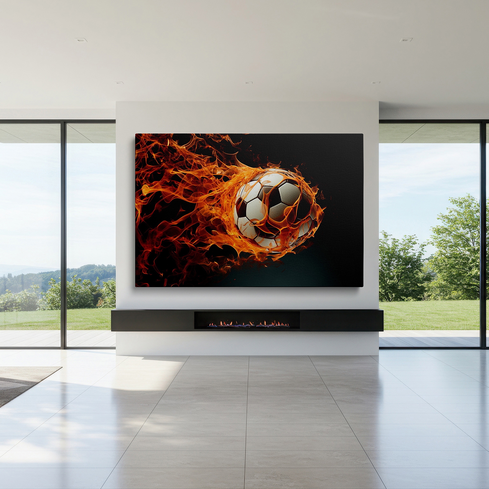 Gently illuminated by ambient lighting in an entryway — fiery soccer ball wall art: embodying passion and intensity in sports - ideal for office, bedroom, and living room decor