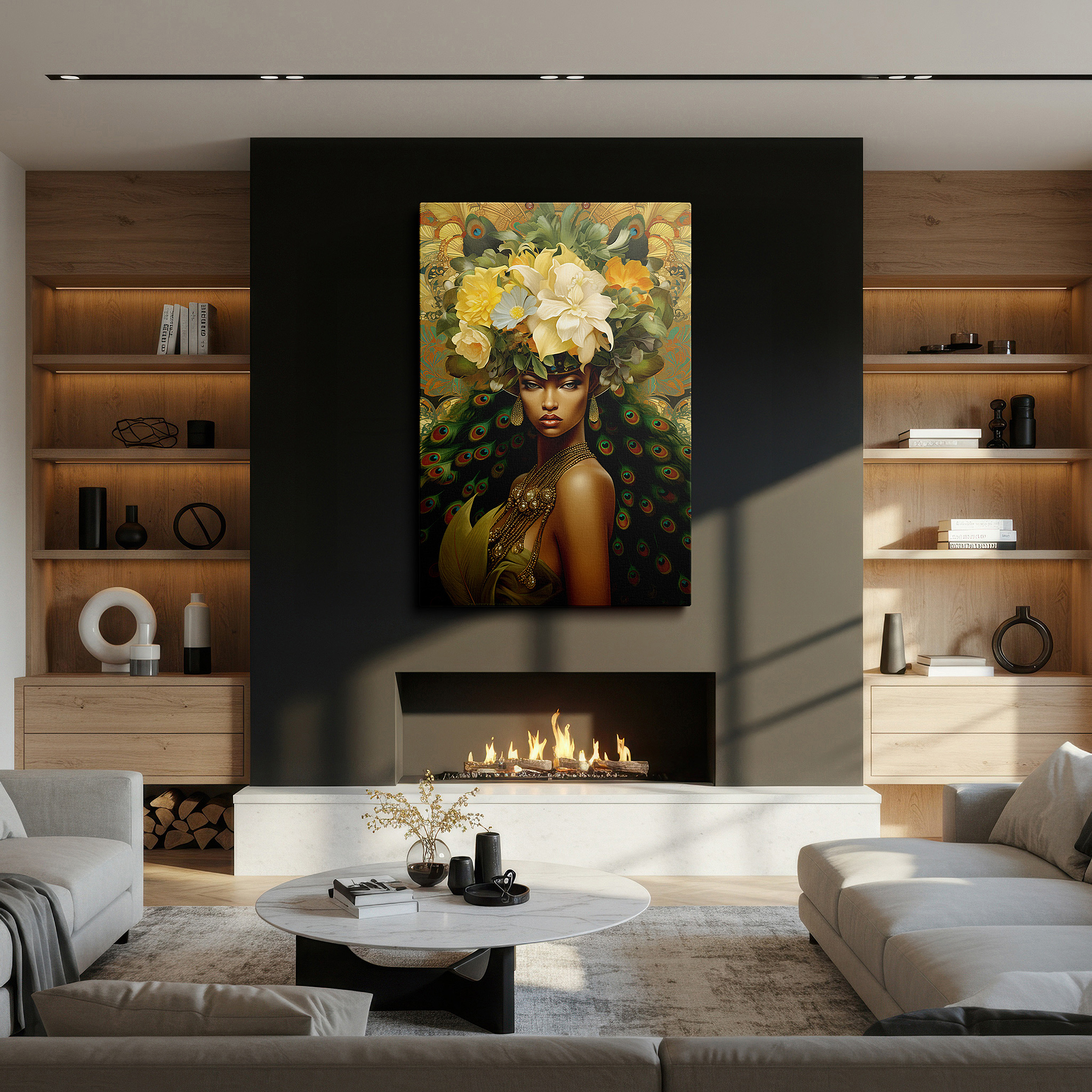 Gently illuminated by ambient lighting in an entryway — floral crowned portrait emphasizing empowered femininity and nature's majesty - large canvas wall art for home and office decor