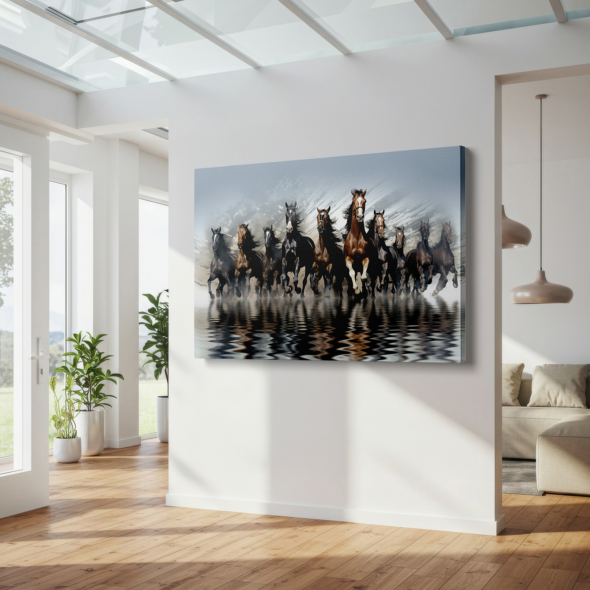 Gently illuminated by ambient lighting in an entryway — galloping horses wall art: embodying freedom and grace in ethereal mist - ideal for office, living room, or bedroom decor