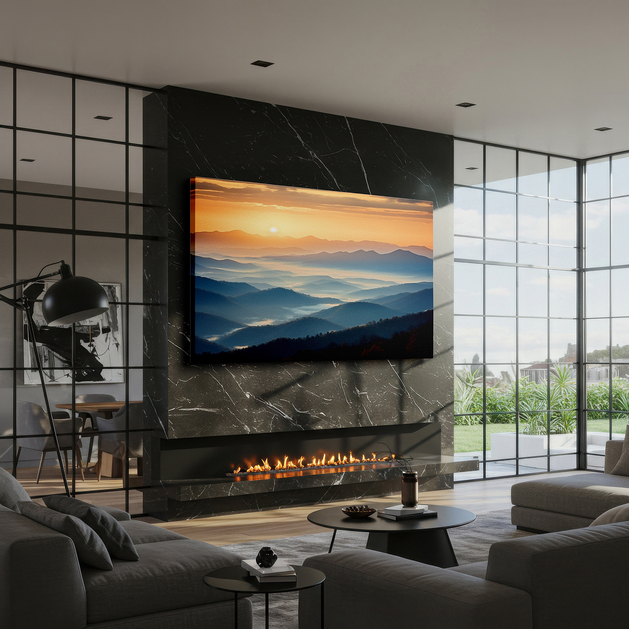 Gently illuminated by ambient lighting in an entryway — golden sunrise and mist over layered peaks - large canvas wall art for office, bedroom, and living room decor