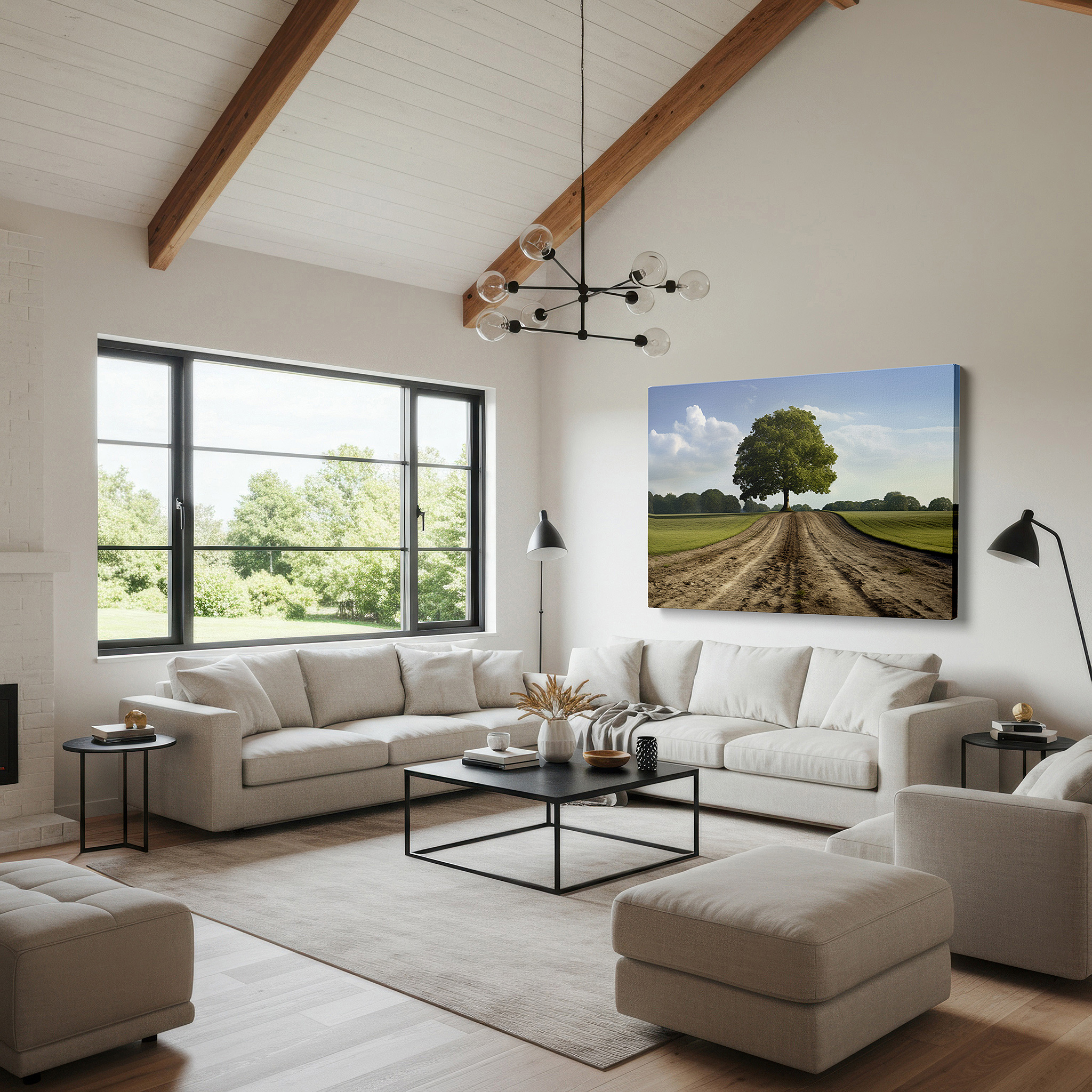Gently illuminated by ambient lighting in an entryway — grand tree in majestic solitude on a dusty path - large canvas wall art for office, bedroom, and living room decor