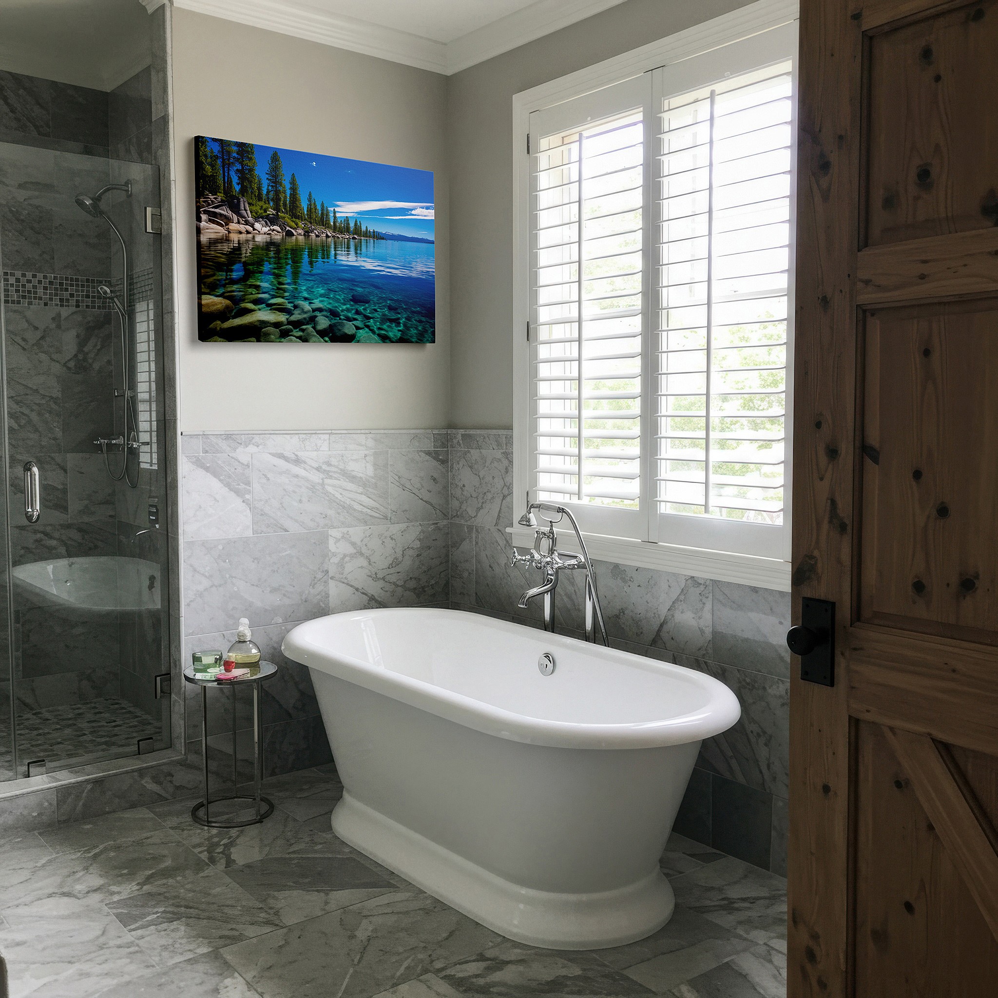 Gently illuminated by ambient lighting in an entryway — lake tahoe's tranquil waters, verdant foliage, and rugged coastlines - a gateway to serene beauty large wall art, canvas wall art, wall decor