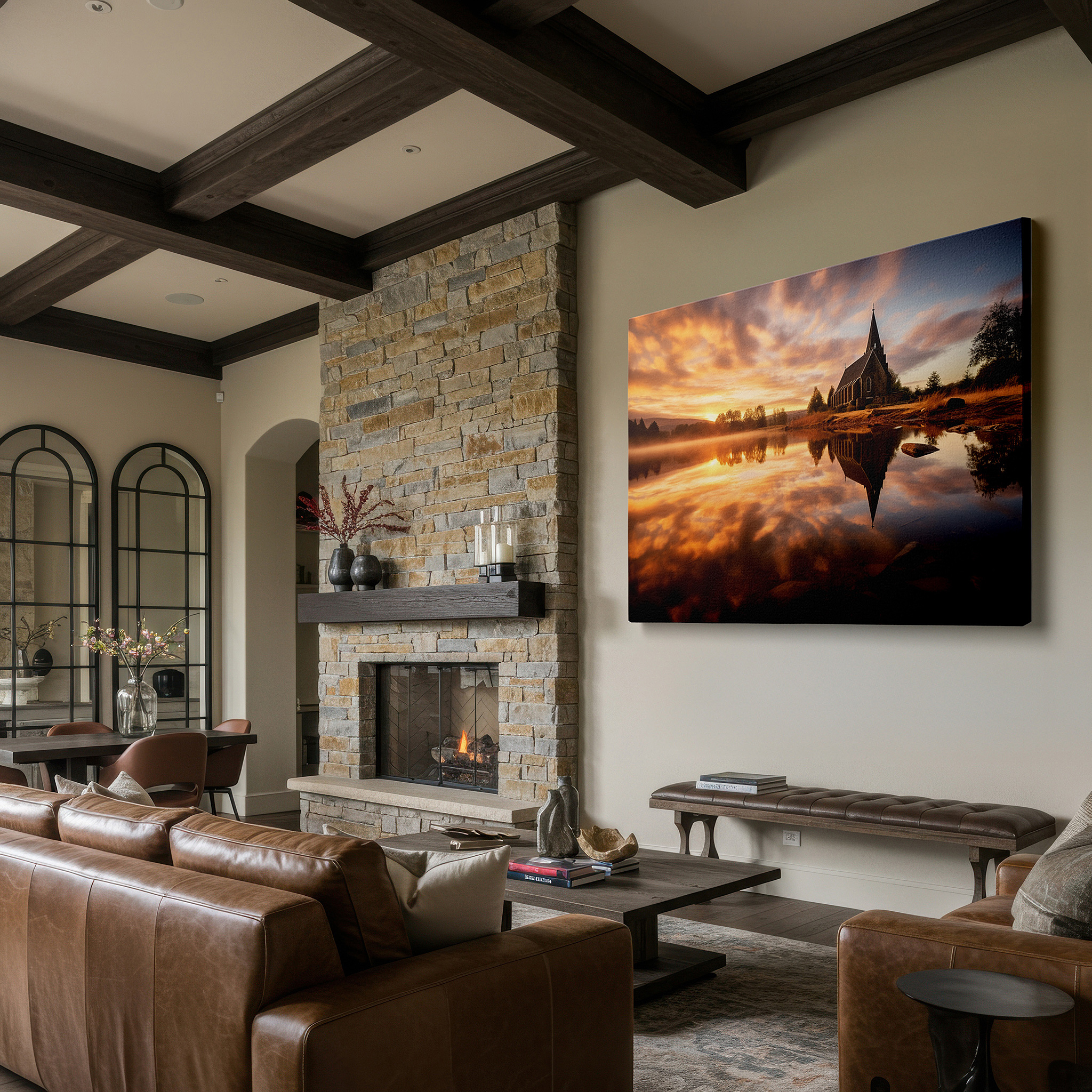Gently illuminated by ambient lighting in an entryway — lakeside church sunrise serenity: a harmonious blend of nature and architecture - large canvas wall art for office decor