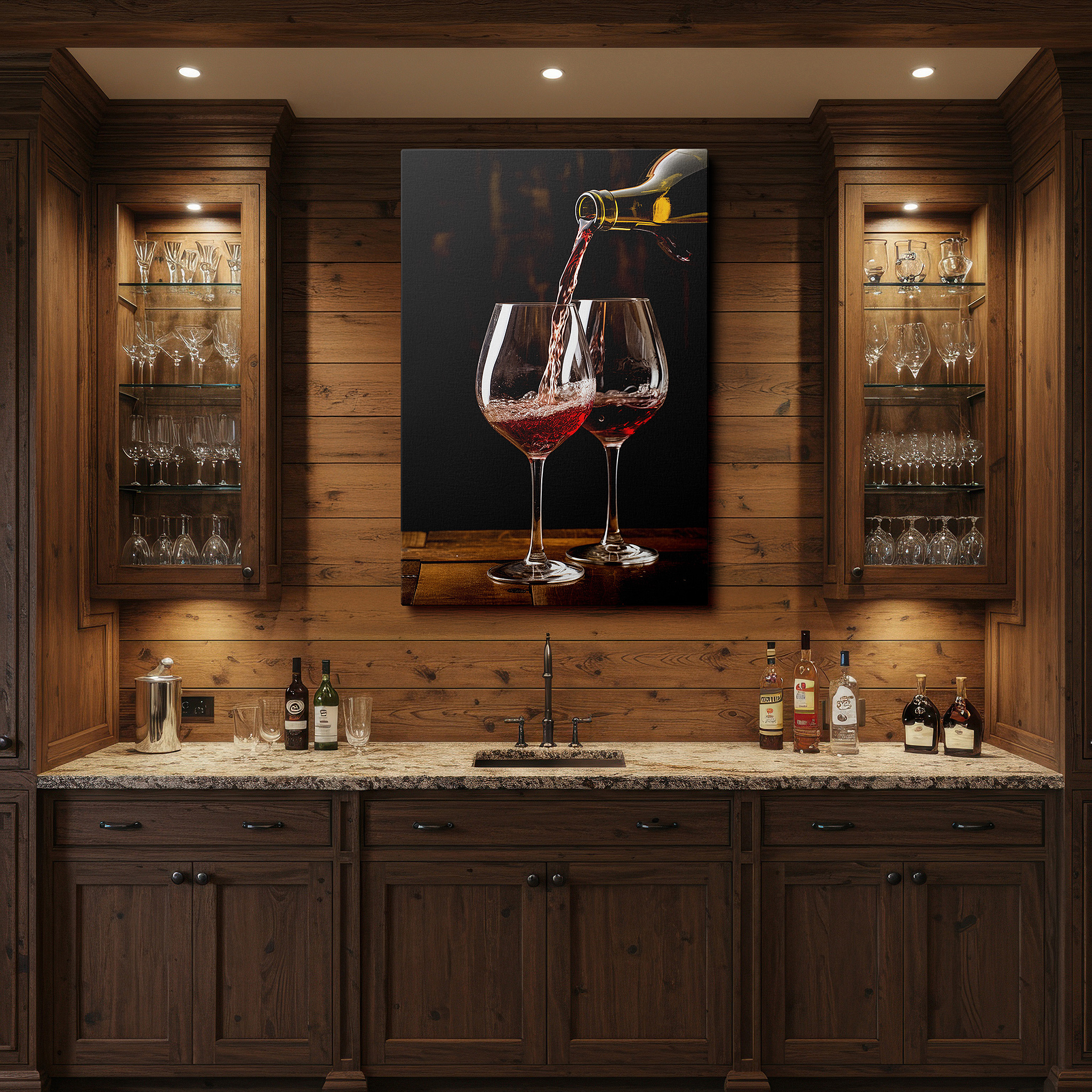 Gently illuminated by ambient lighting in an entryway — luxurious wall art featuring red wine pouring into elegant glasses, celebrating indulgence and craftsmanship, large canvas wall decor