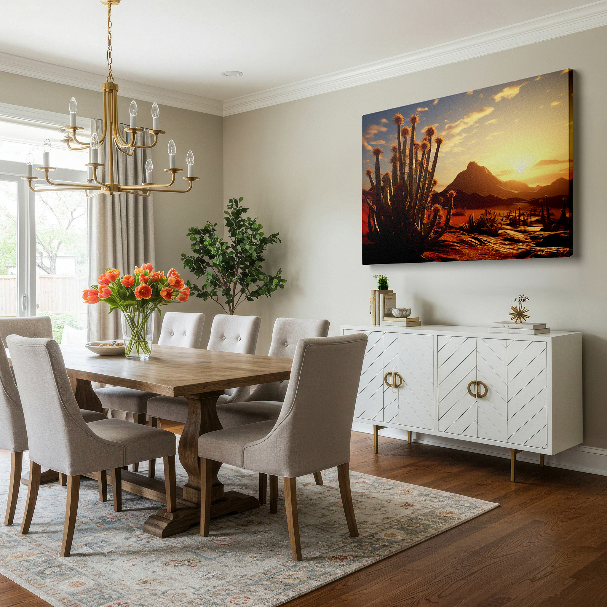 Gently illuminated by ambient lighting in an entryway — majestic cacti silhouetted against a vibrant sunset in the desert - large canvas wall art for office and bedroom decor
