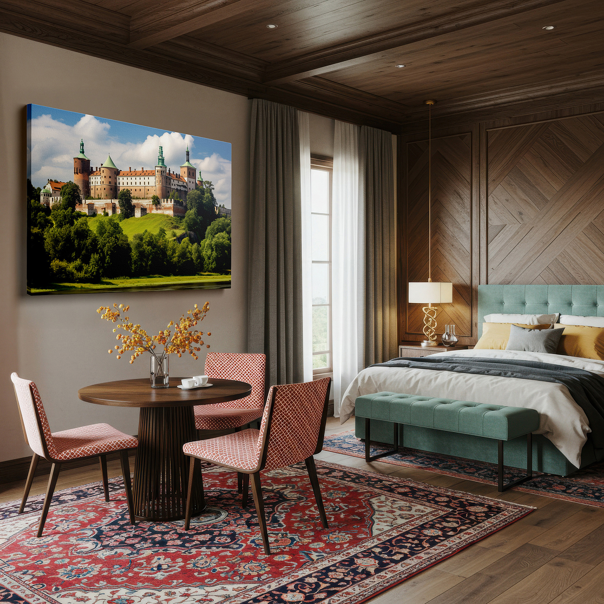 Gently illuminated by ambient lighting in an entryway — majestic castle on a hill, medieval splendor surrounded by verdant greenery and peaceful waters - large canvas wall art for office decor