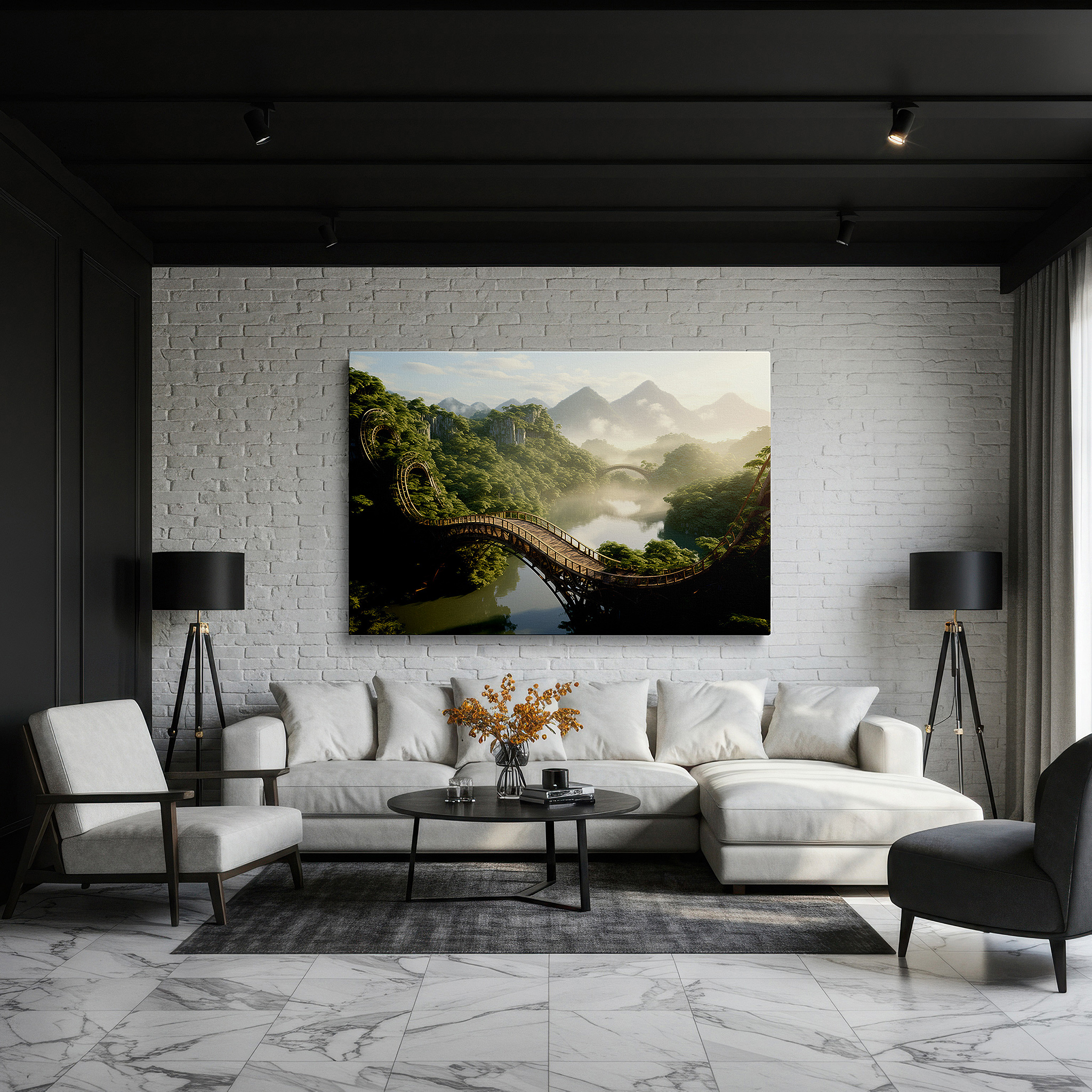 Gently illuminated by ambient lighting in an entryway — majestic mountains and tranquil river with rustic bridge surrounded by lush greenery large wall art, canvas wall art, wall decor for office and bedroom