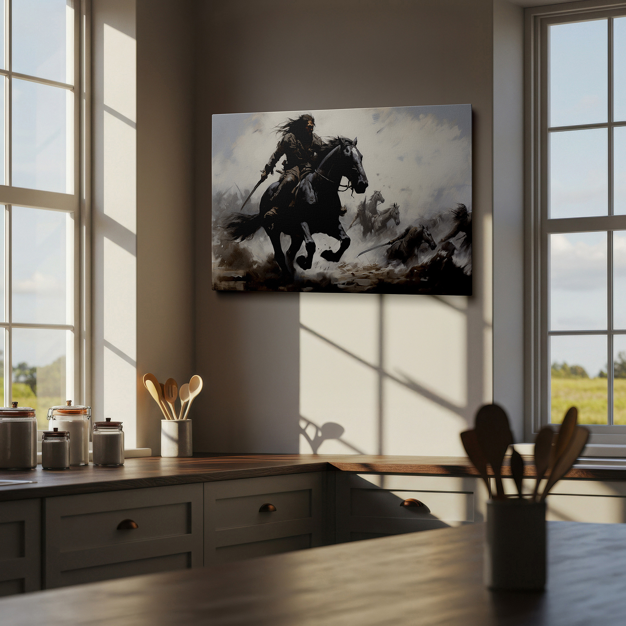 Gently illuminated by ambient lighting in an entryway — majestic warrior on black horse storms across battlefield center - large canvas wall art for office and bedroom decor