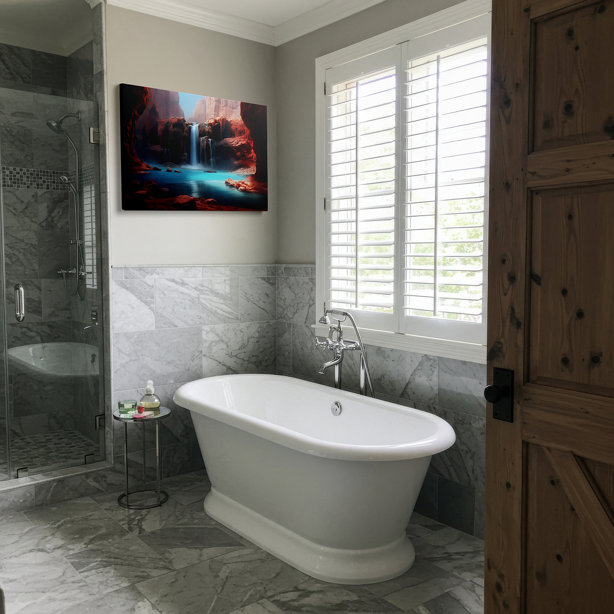 Gently illuminated by ambient lighting in an entryway — majestic waterfalls and rugged red rocks - tranquil yet vibrant scenery large wall art, canvas wall art, wall decor, office wall art, bedroom wall art