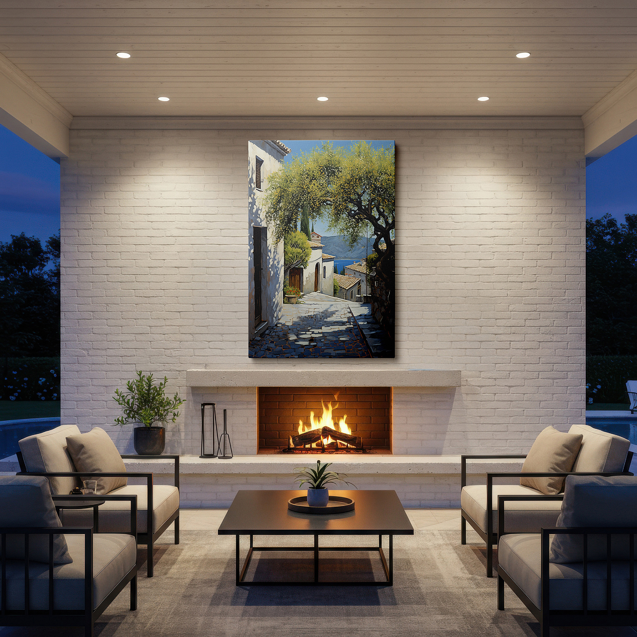 Gently illuminated by ambient lighting in an entryway — mediterranean coastal escape wall art: sunlit, rustic charm with serene views - large canvas for office and bedroom decor