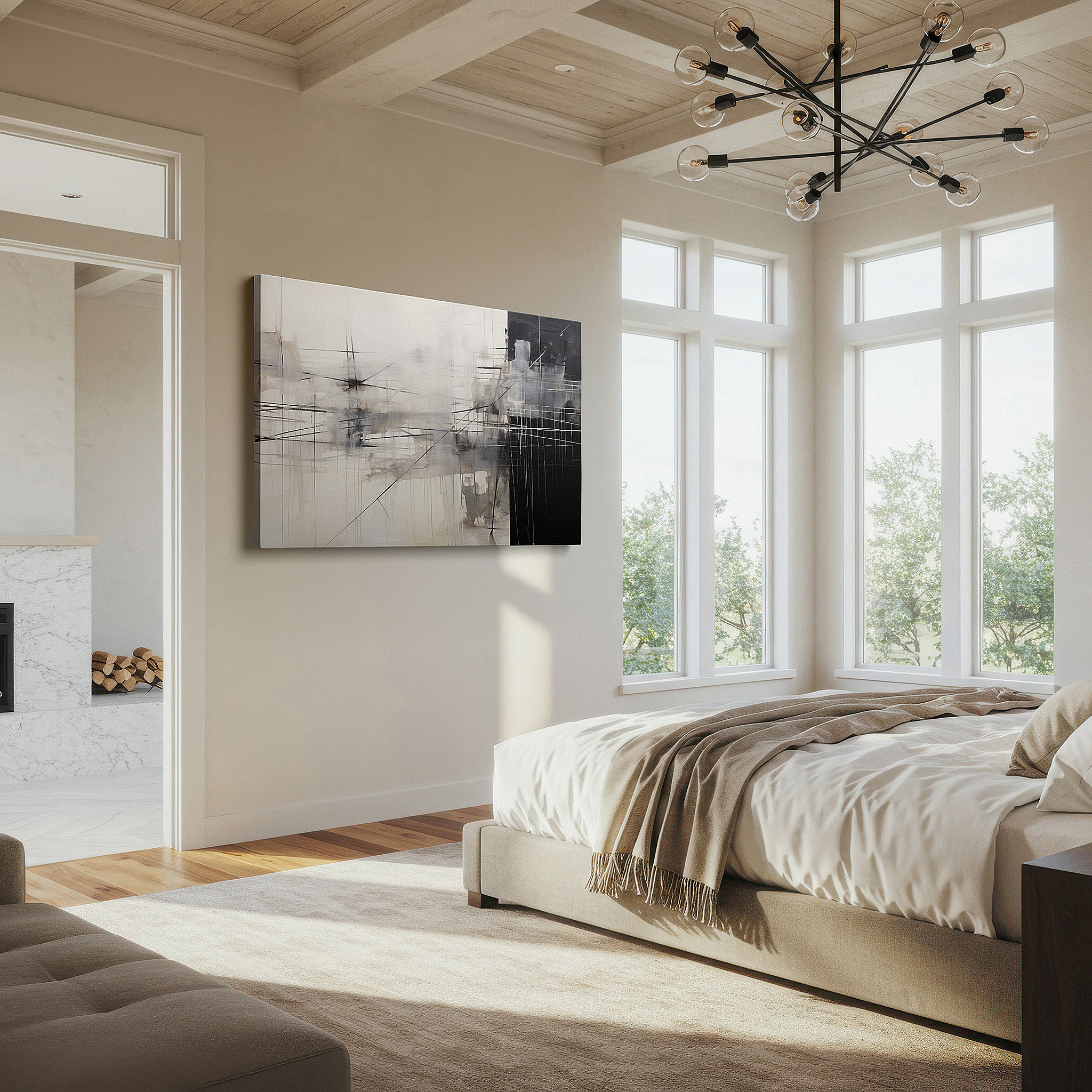 Gently illuminated by ambient lighting in an entryway — monochromatic landscape with ethereal fog and sharp geometric lines, large canvas wall art for office and bedroom decor