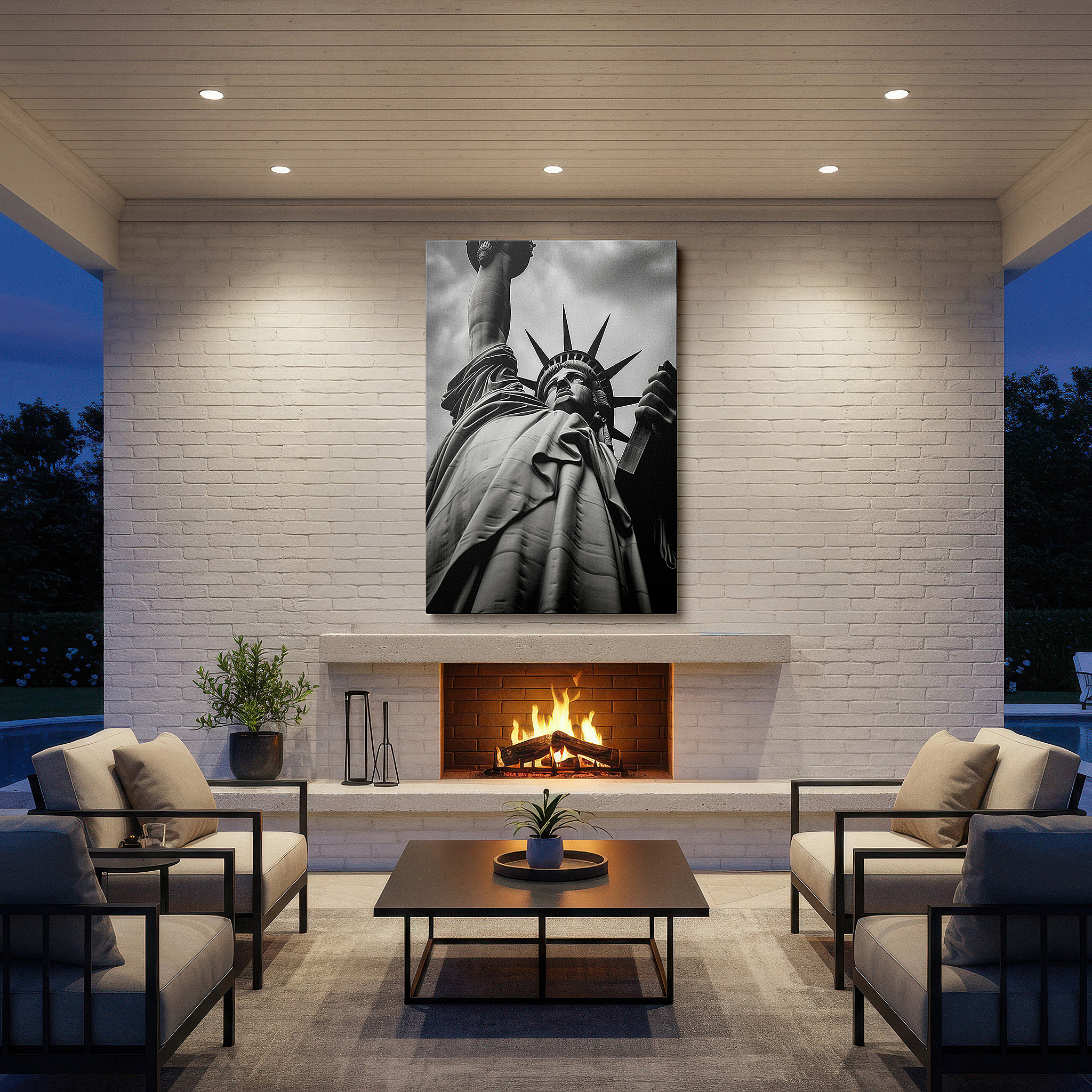 Gently illuminated by ambient lighting in an entryway — monochrome statue of liberty canvas, symbolizing freedom under a dramatic sky, ideal for office or bedroom wall decor