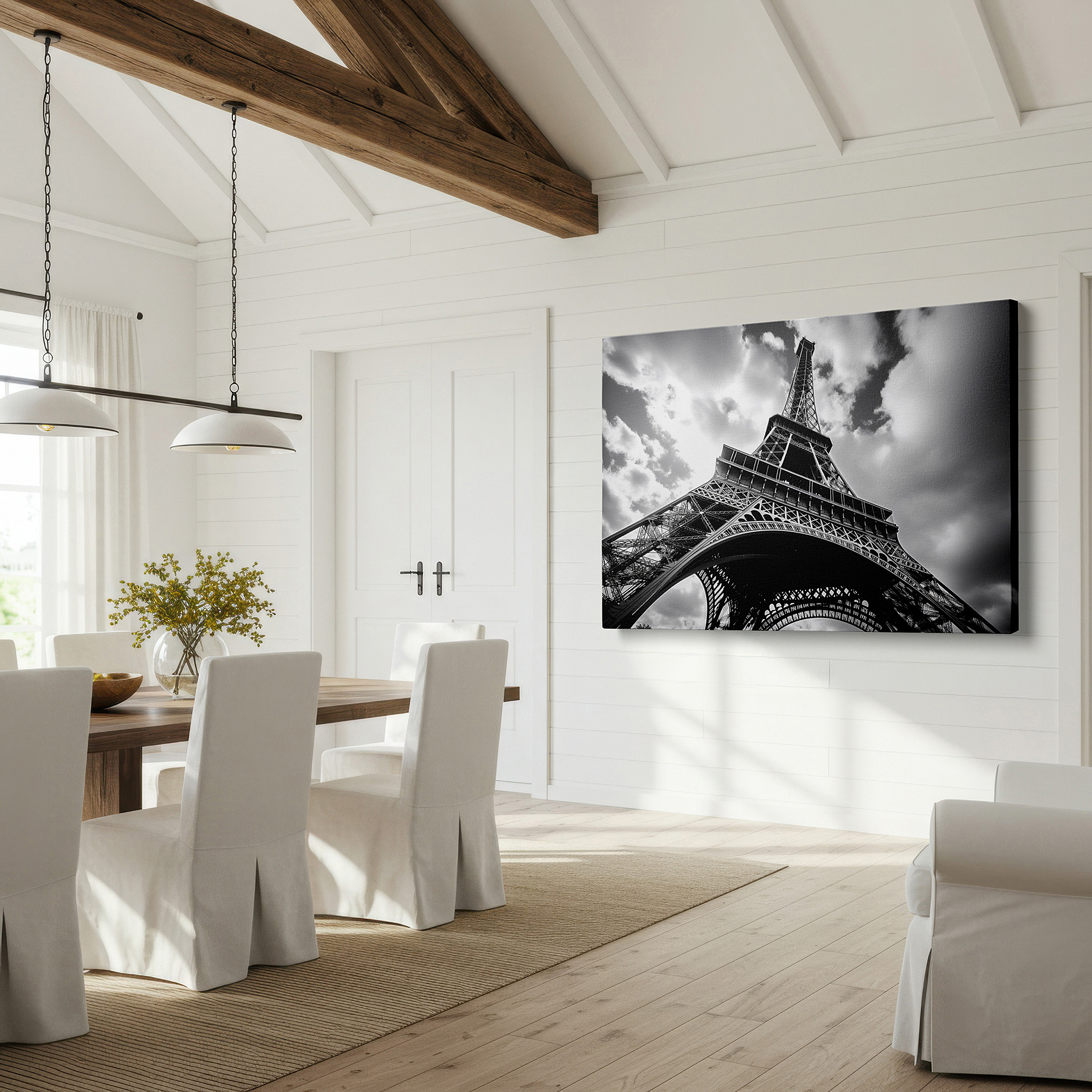 Gently illuminated by ambient lighting in an entryway — monochrome tribute to the timeless elegance of the eiffel tower: iconic architecture large wall art, canvas wall art, wall decor for office